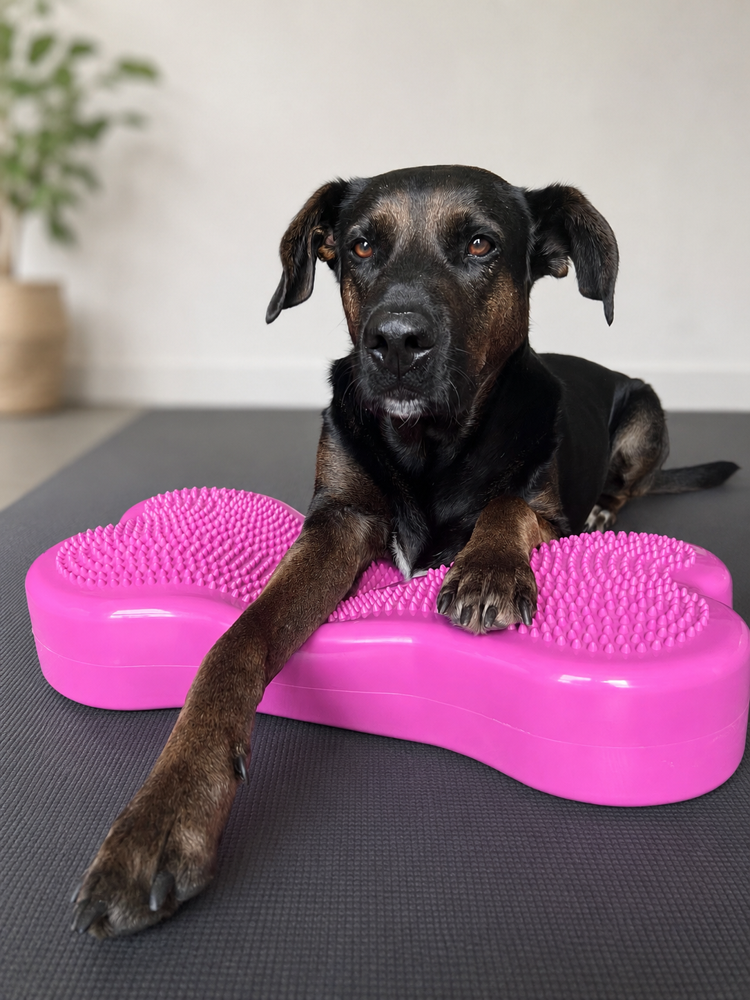 Ein schwarzer Hund mit braunen Flecken liegt auf einem schwarzen Untergrund, seine Vorderpfote auf einem pinken Balancepad mit Noppen.