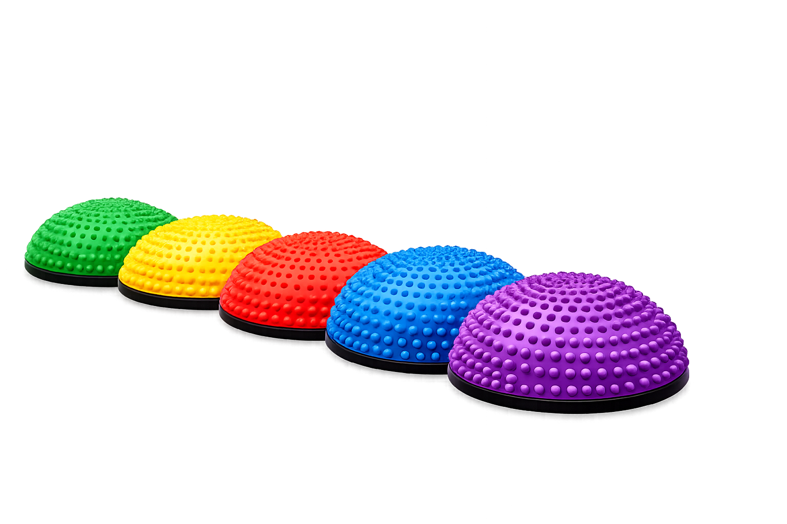 Fünf bunte Rundbälle mit Noppen, in den Farben grün, gelb, rot, blau und violett, auf einem schwarzen Untergrund