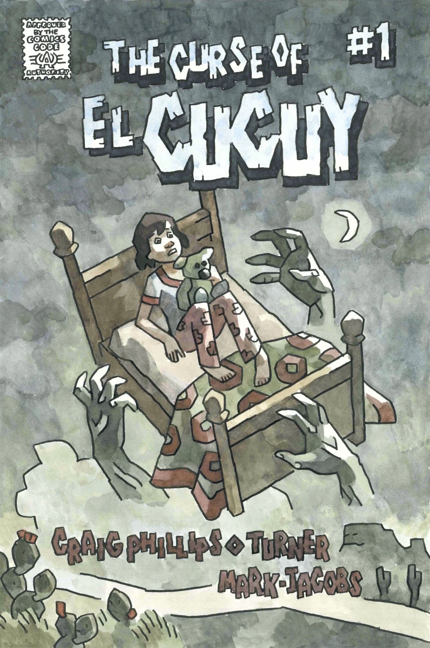A cartoon illustration of a girl sitting on a bed holding a stuffed toy, surrounded by zombie hands, with the title 'The Curse of El Chicky' in large, blocky letters at the top, and a small sticker indicating it is from the 'Gowes Code Authority' in the top left corner.