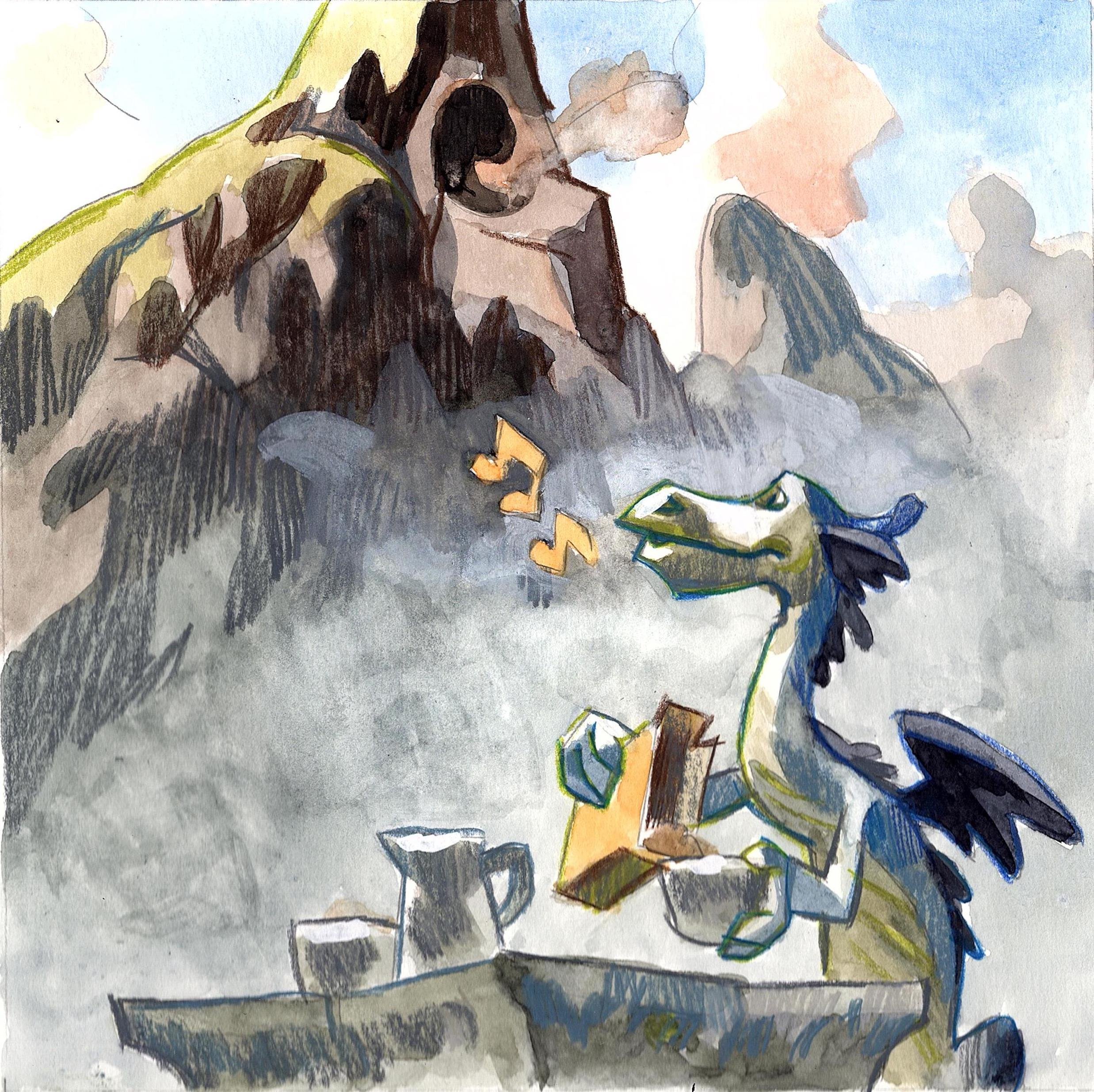Colorful watercolor painting of a mountain landscape with peaks, a blue sky with clouds, and a tree in the foreground.