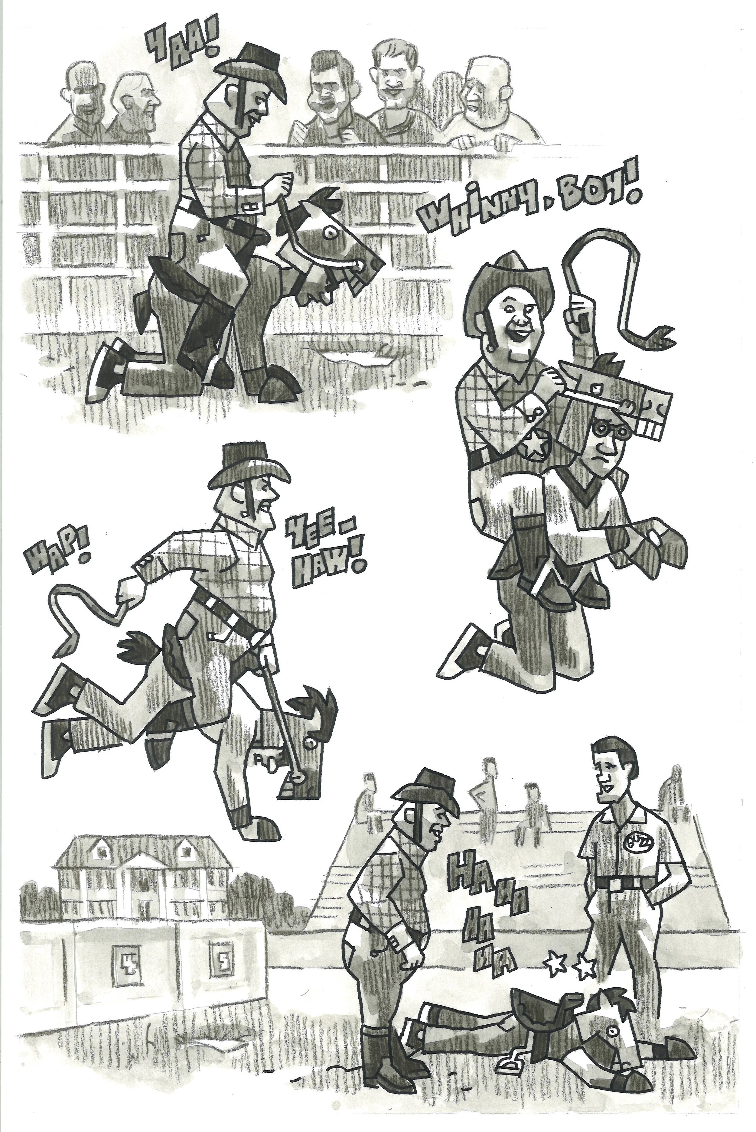 A humorous black and white cartoon illustration of a horse race with people dressed like cowboys and cowgirls, one cowgirl is riding a horse, others are saluting or cheering, and there are some spectators in the background.