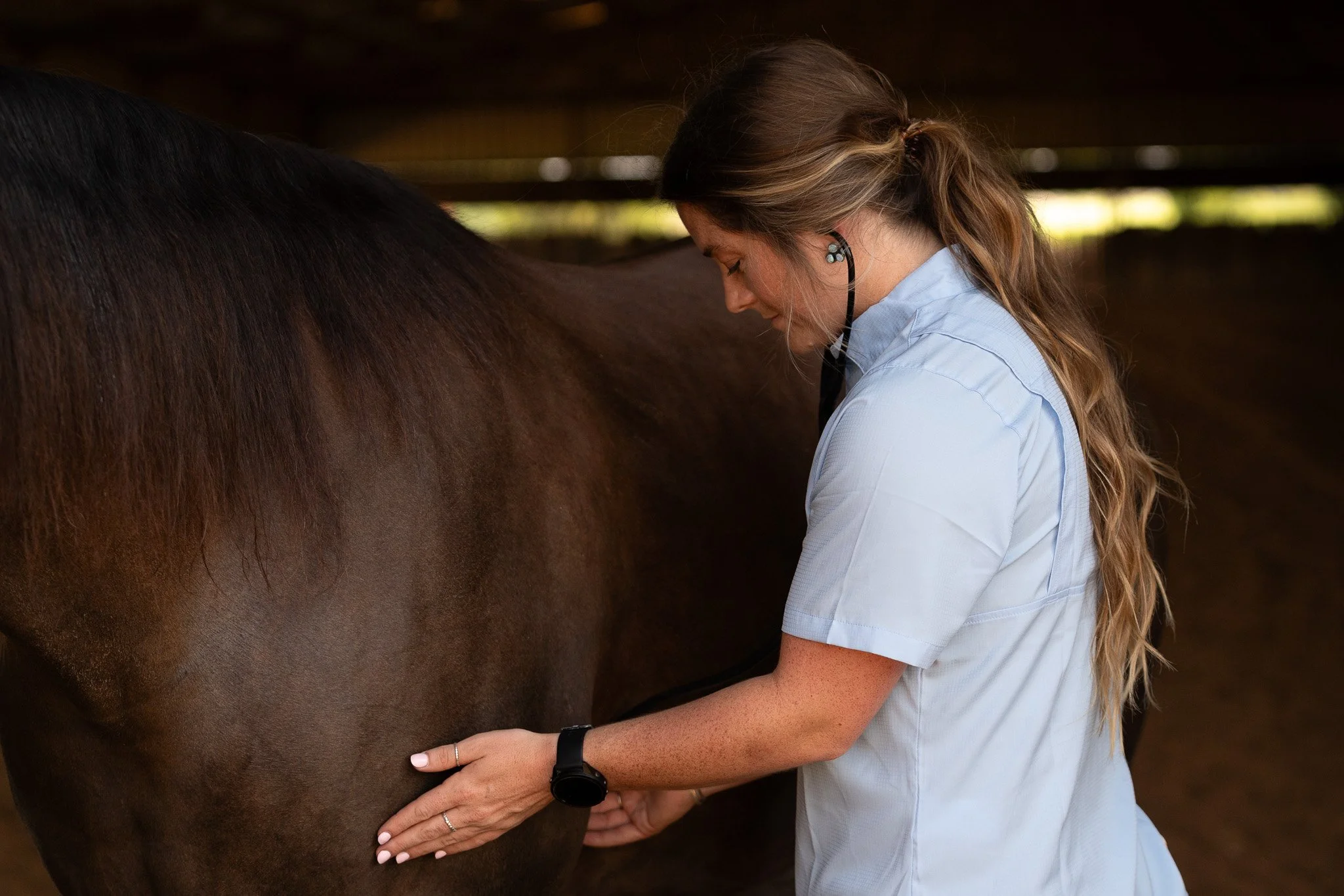 A woman with long, wavy hair wearing a light blue shirt and a wristwatch is standing close to a brown horse, gently holding its side with her hands in a stable.