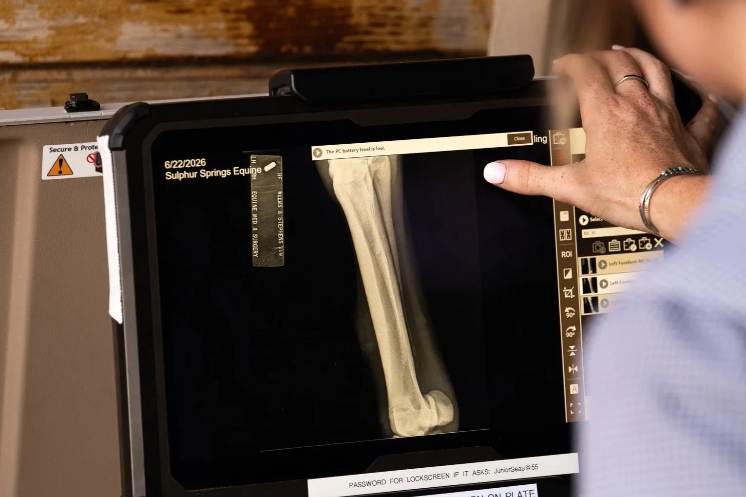 An X-ray of a horse's leg displayed on a computer screen.