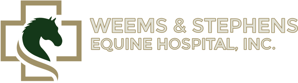 Logo for Weems & Stephens Equine Hospital Inc. featuring a green horse head silhouette inside a black cross with beige outline and text stating "Excellence in Equine Care".