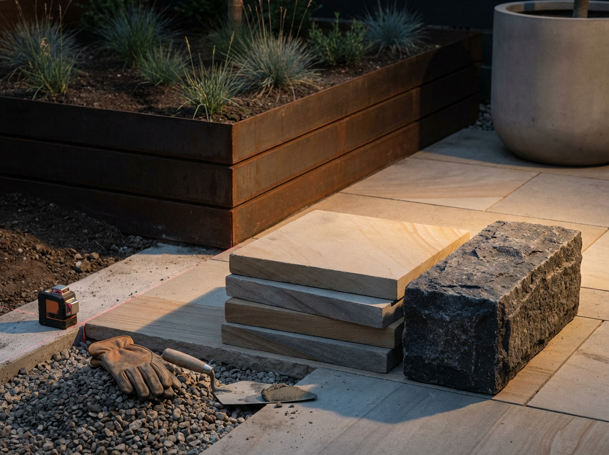 Paving stones, a brick, gloves, tape measure, and trowel on a partially built patio with a flower bed and potted plant nearby.