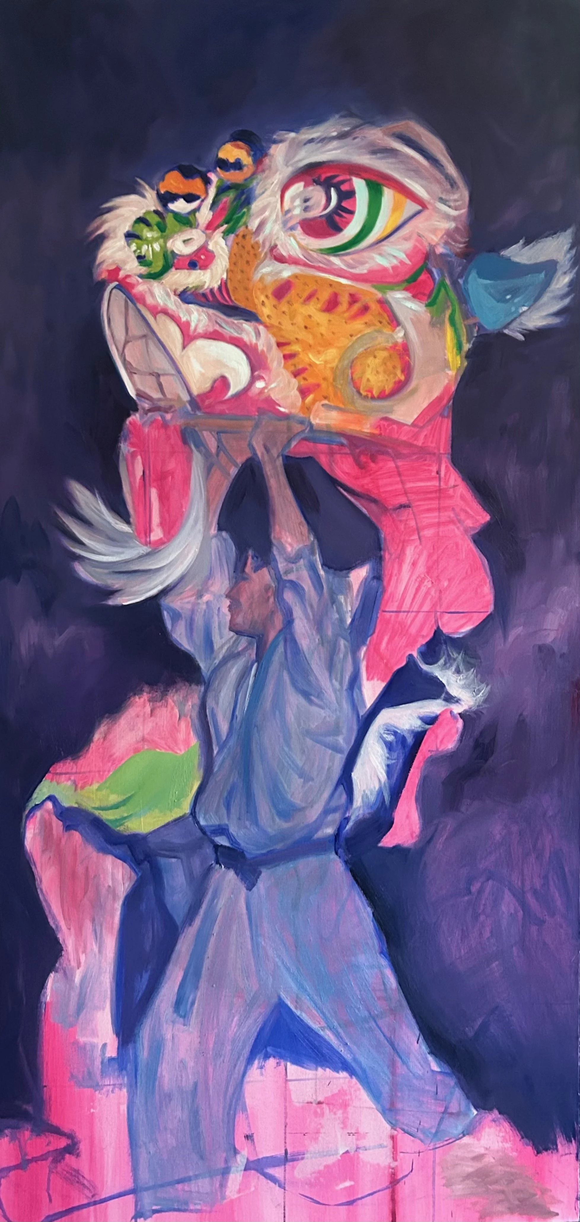 Múa Lân (Lion Dancing)
  
Oil on Canvas, 30 x 63," 2023
