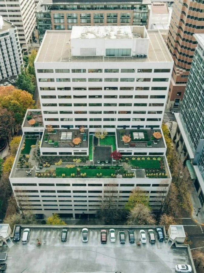 An aerial view of a multi-story white office building with a rooftop garden, surrounded by other tall office buildings in an urban cityscape, with cars parked at the base.