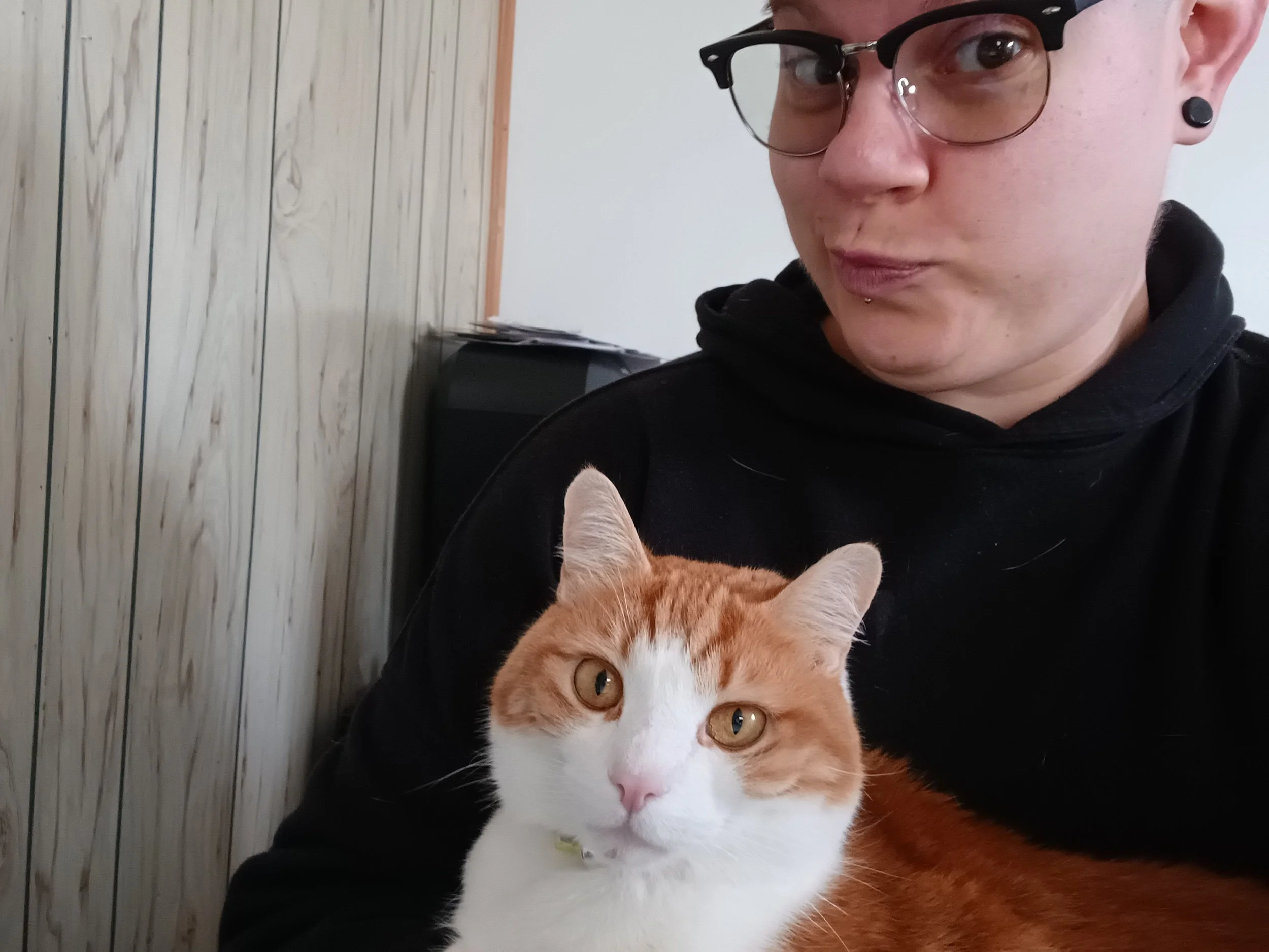 Person wearing glasses and black hoodie holding an orange and white cat with green eyes indoors.