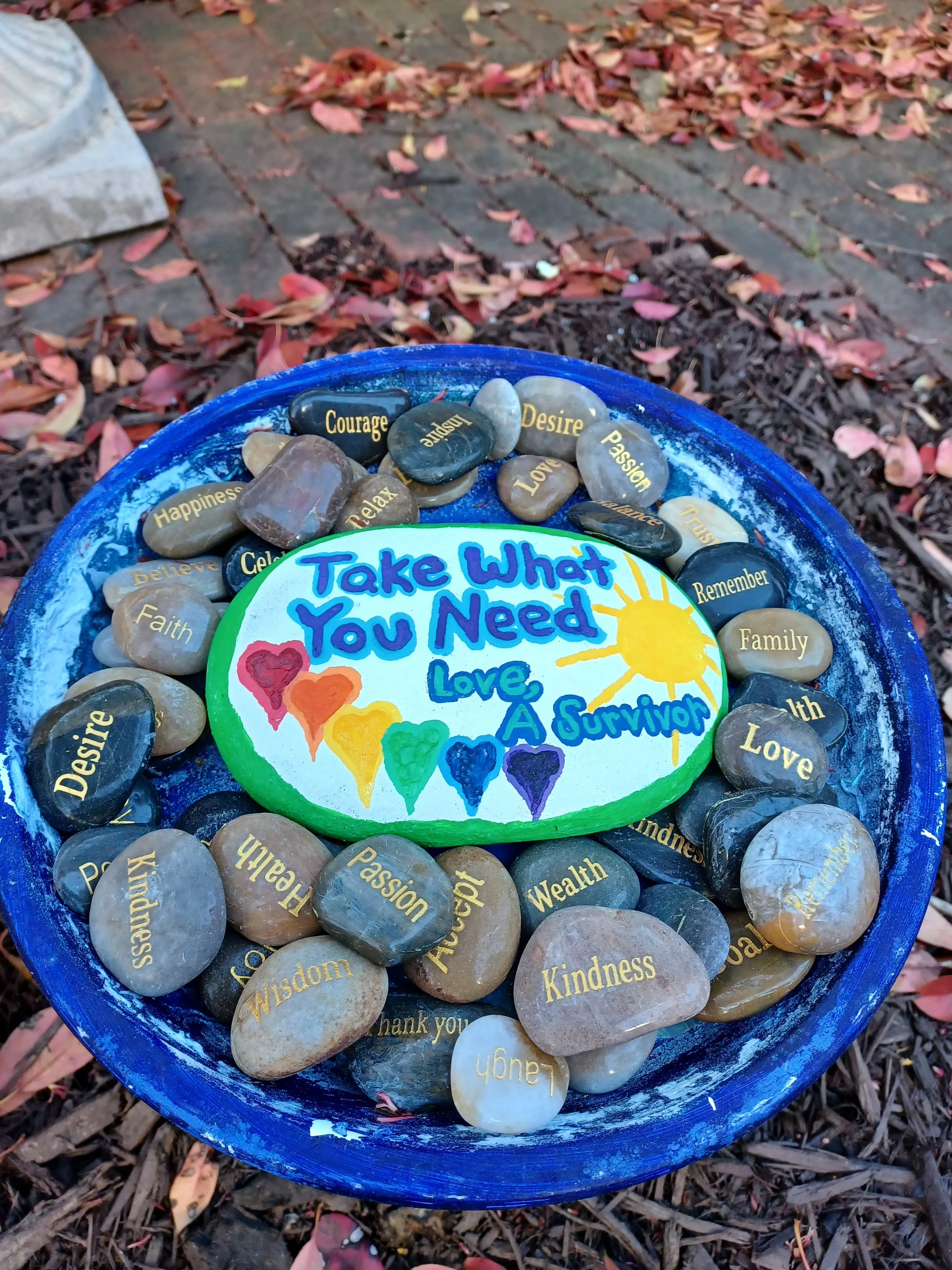 A blue ceramic dish containing painted rocks with words like 'Courage,' 'Love,' 'Happiness,' and 'Kindness,' next to a colorful hand-painted sign that says 'Take What You Need. Love, A Survivor,' surrounded by fallen pink and brown leaves.
