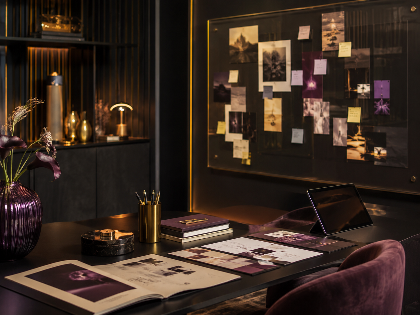 A stylish office or studio workspace with a dark color scheme, featuring a black desk with a purple velvet chair. On the desk are notebooks, papers, a tablet, and a gold pen holder. A large purple vase with dark flowers sits on the desk. In the background, there is a wall with shelves holding decorative items and a wall-mounted blackboard with various photographs and notes pinned on it. The lighting is warm and subdued, creating an elegant atmosphere.