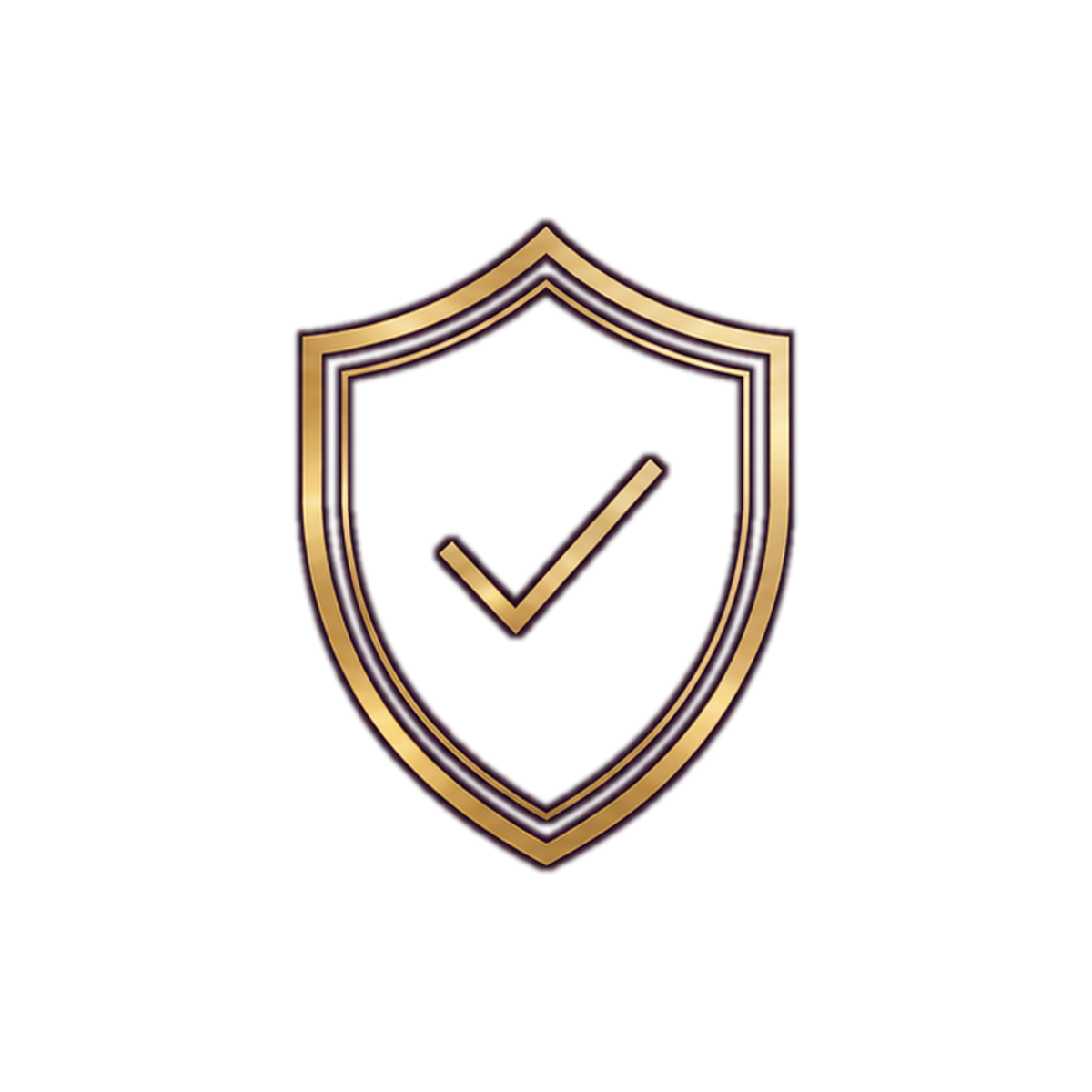 A shield with gold and black outlines featuring a check mark in the center.