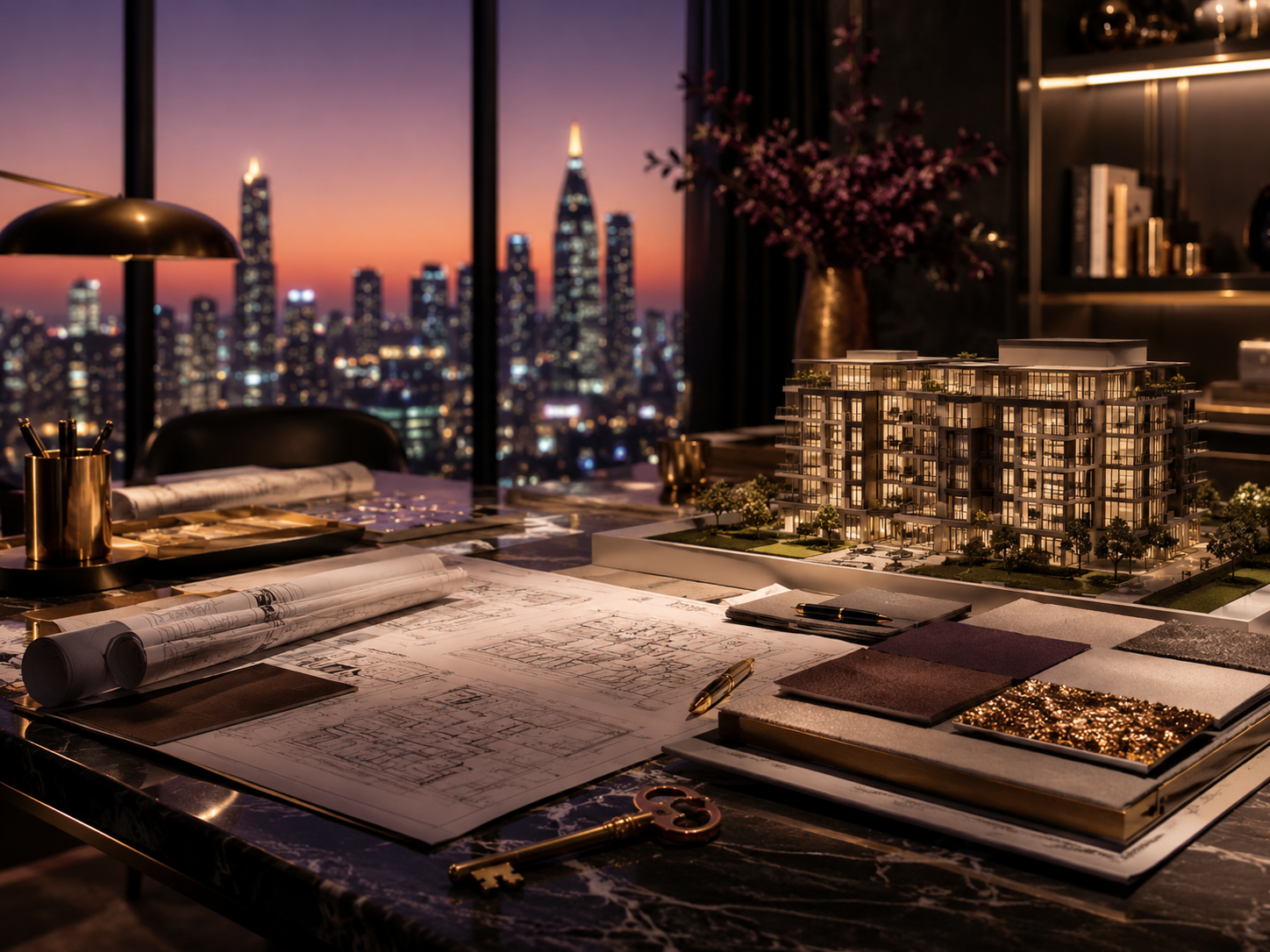 A detailed architectural model of a modern multi-story residential building on a table with blueprints, pens, and fabric samples. In the background, large windows reveal a city skyline at sunset with tall illuminated skyscrapers, and a decorative pink flowering plant in a gold vase.