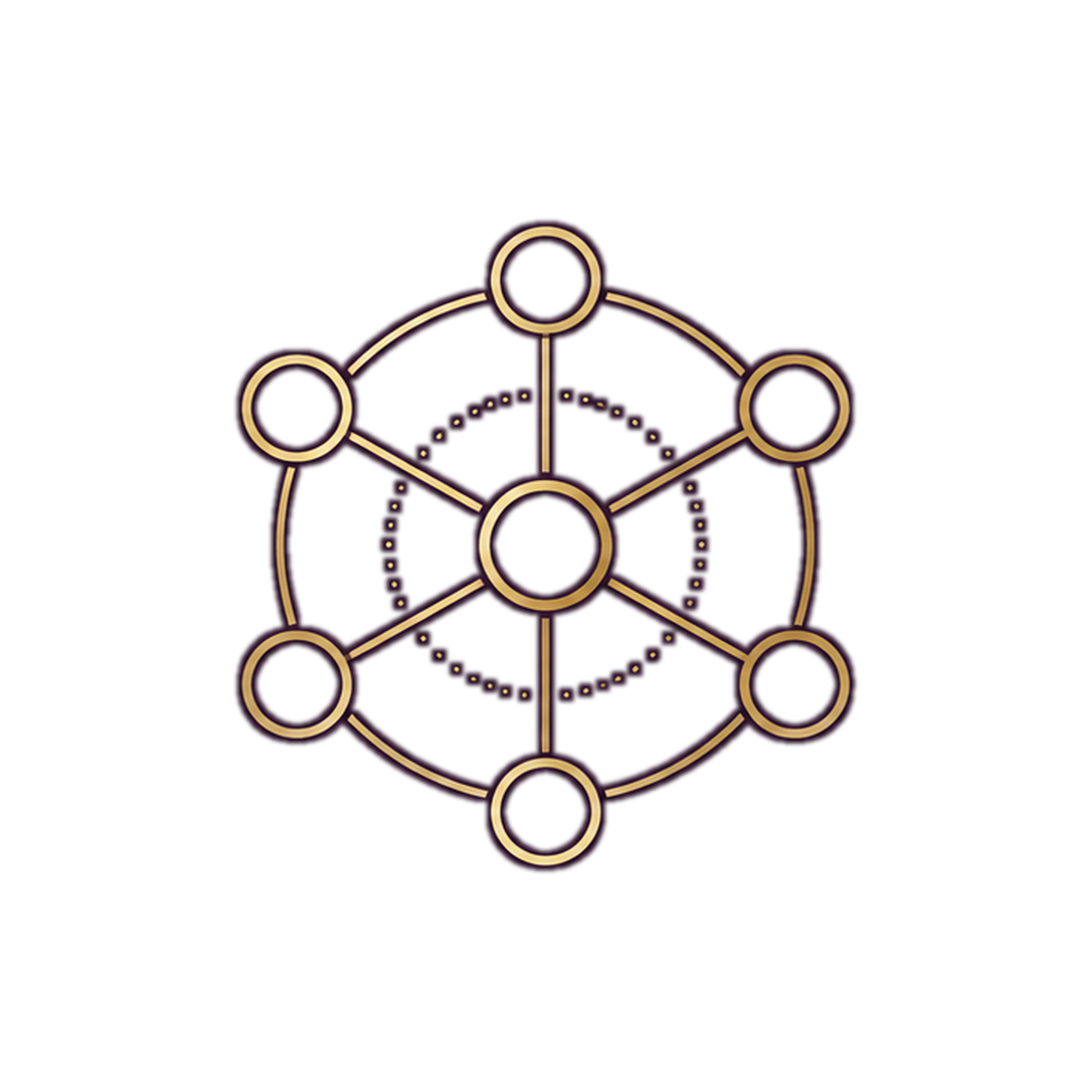 Digital icon representing a network or blockchain with interconnected circles and lines, featuring a central play button, glowing with purple and gold accents.