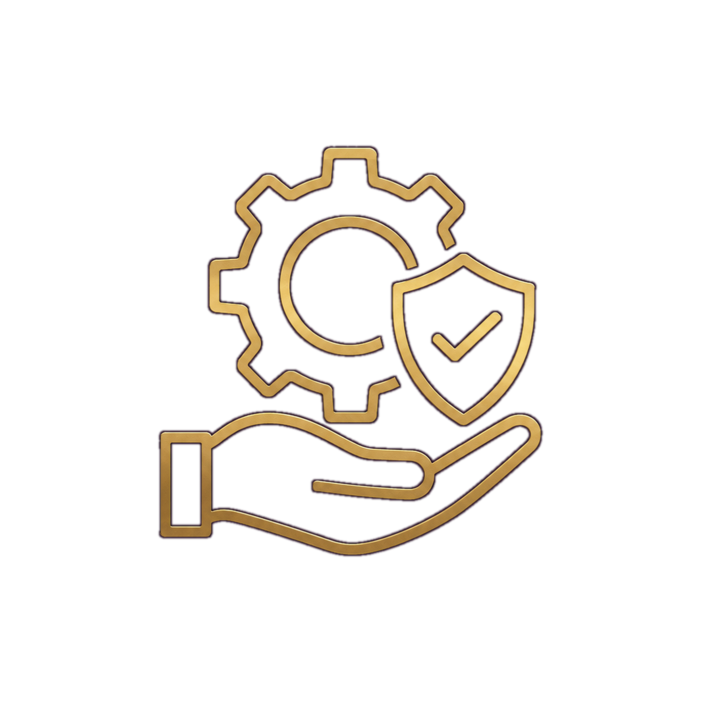 Gold outline of a hand holding a gear, shield with a checkmark, representing security, protection, and technology.
