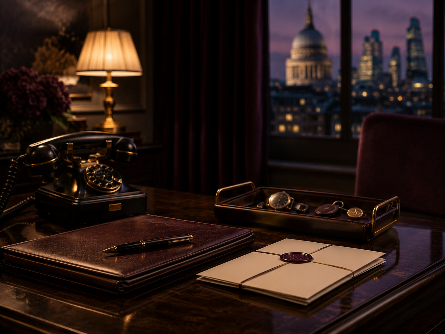 Close-up of a vintage desk with a rotary phone, a leather-bound folder, a pen, a tray with watches and coins, and a window with city skyline in the background at dusk.