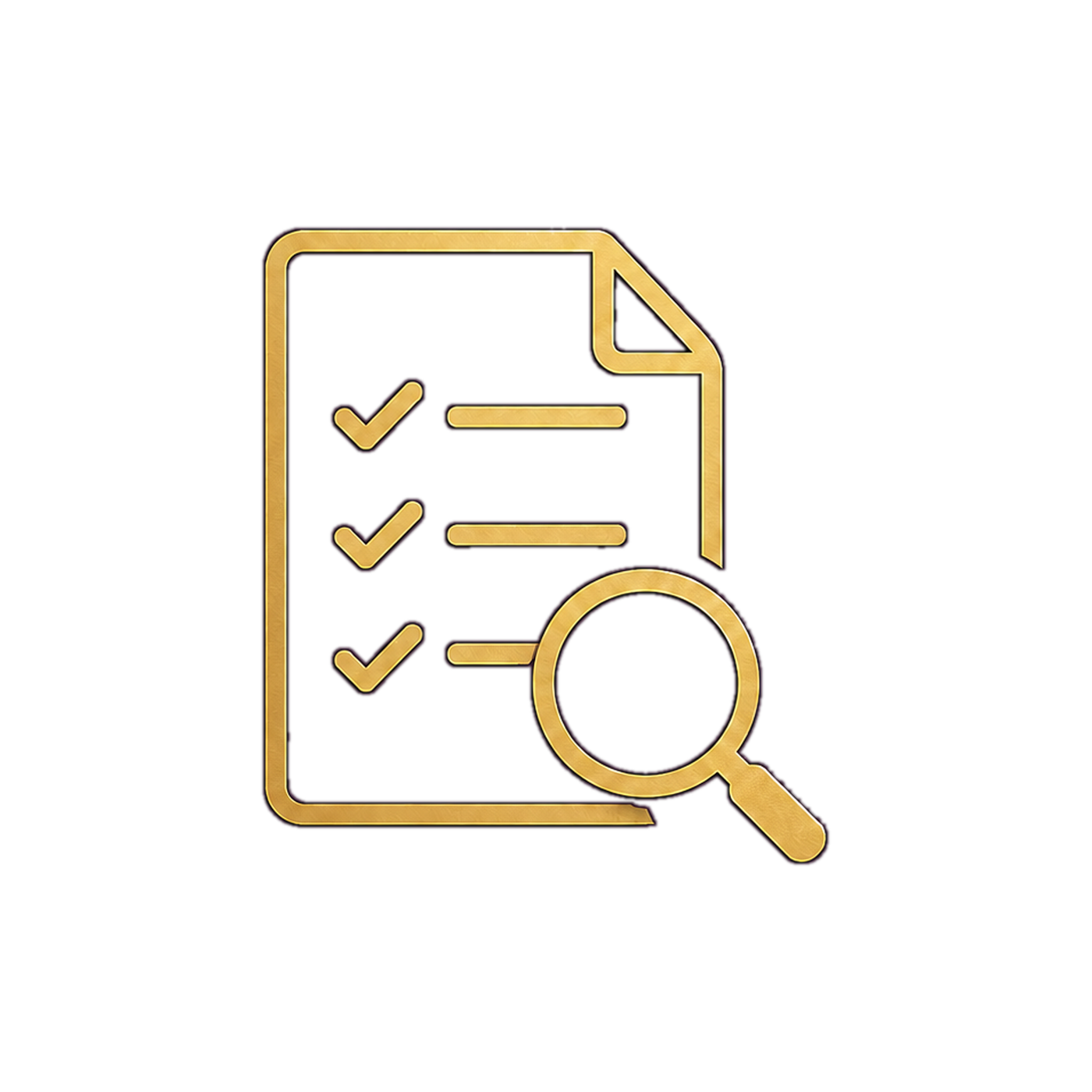 Neon gold outline of a document with checkmarks, a magnifying glass inspecting lines of text, on a black background.