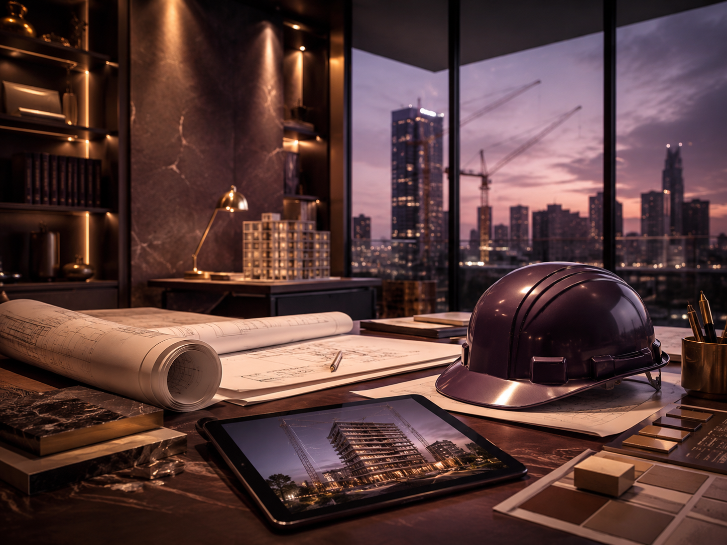 An architect's office with blueprint plans, a tablet showing a building design, a construction helmet, and a city skyline view through large windows at dusk.