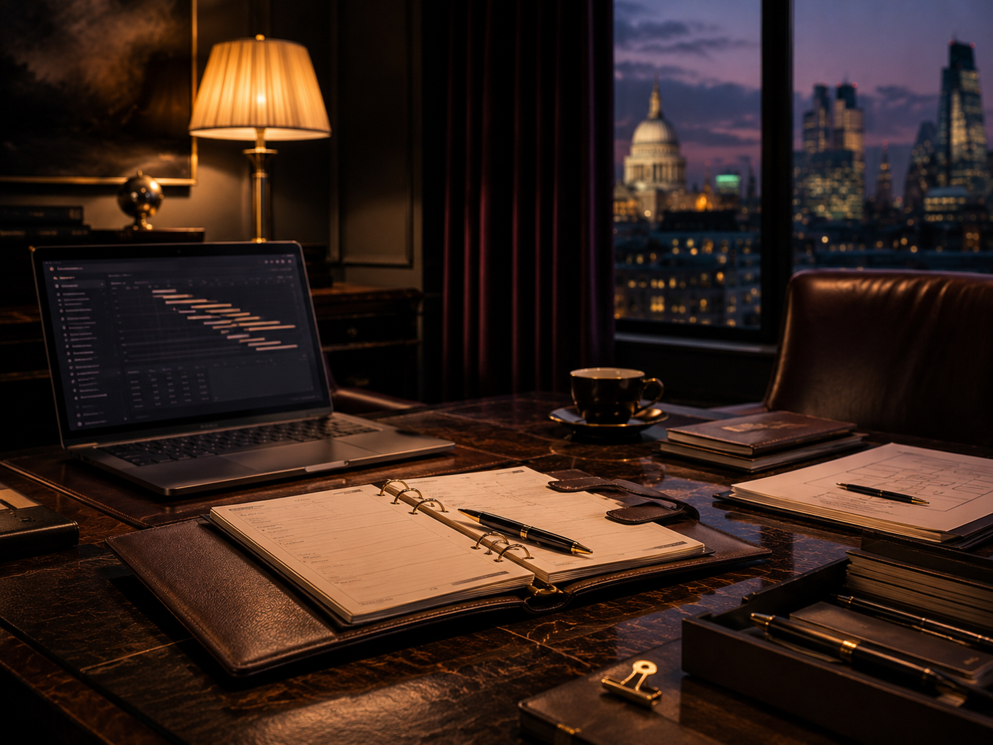A nighttime office scene with a laptop displaying a project management timeline, various notebooks, pens, and a coffee cup on a wooden desk, with a city skyline view through a window.