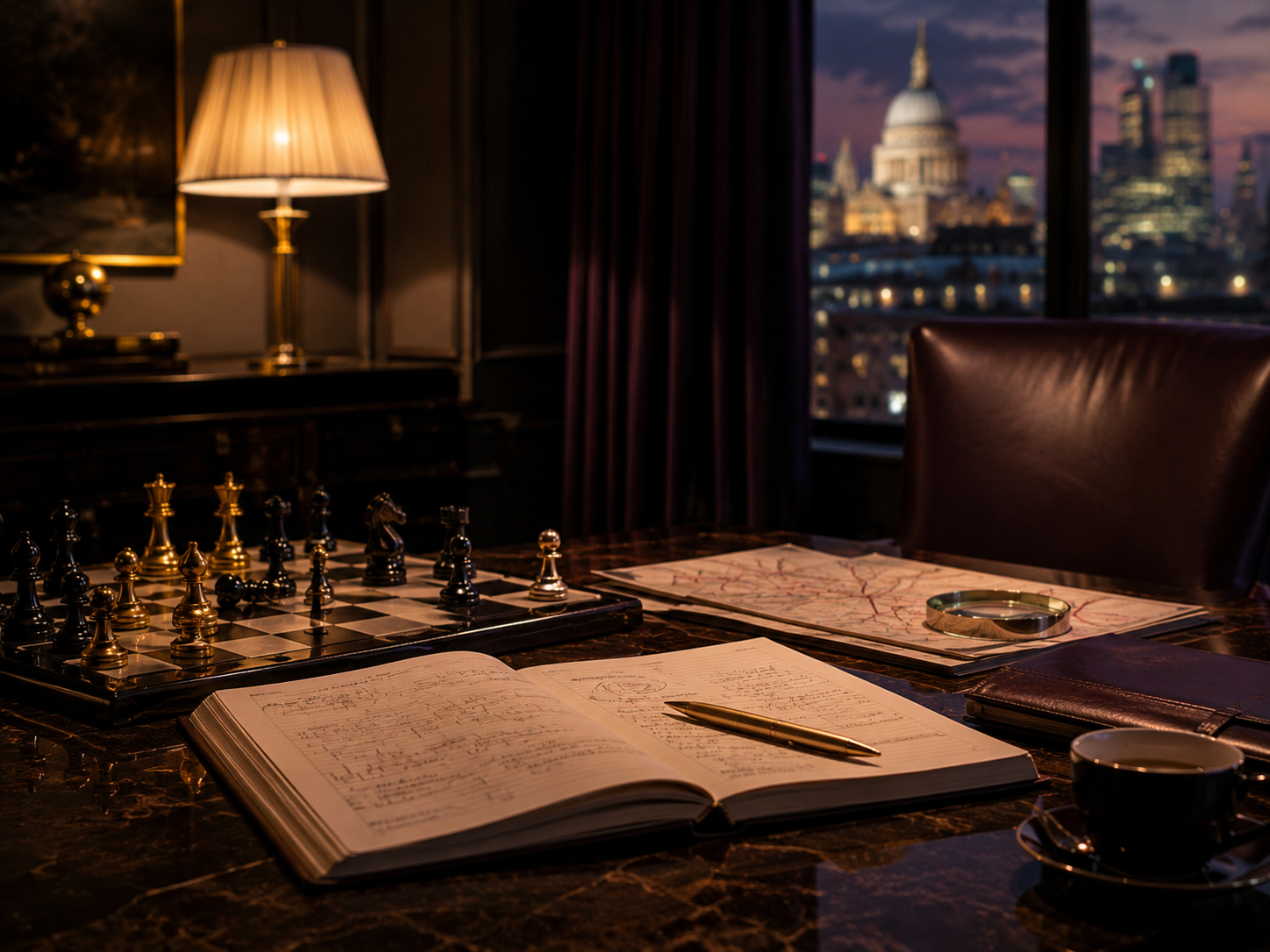 An office desk with an open notebook, a gold pen, a chess set, a map, and a saucer. A window with a city skyline at dusk is in the background.