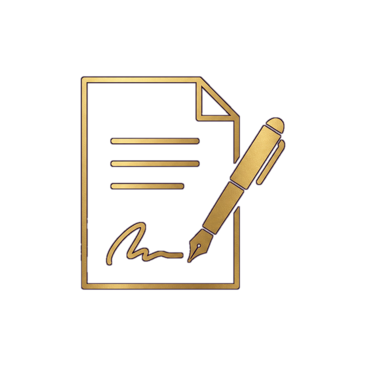 Stylized icon of a document with lines representing text, a signature line at the bottom, a fountain pen signing it, and a red background element.