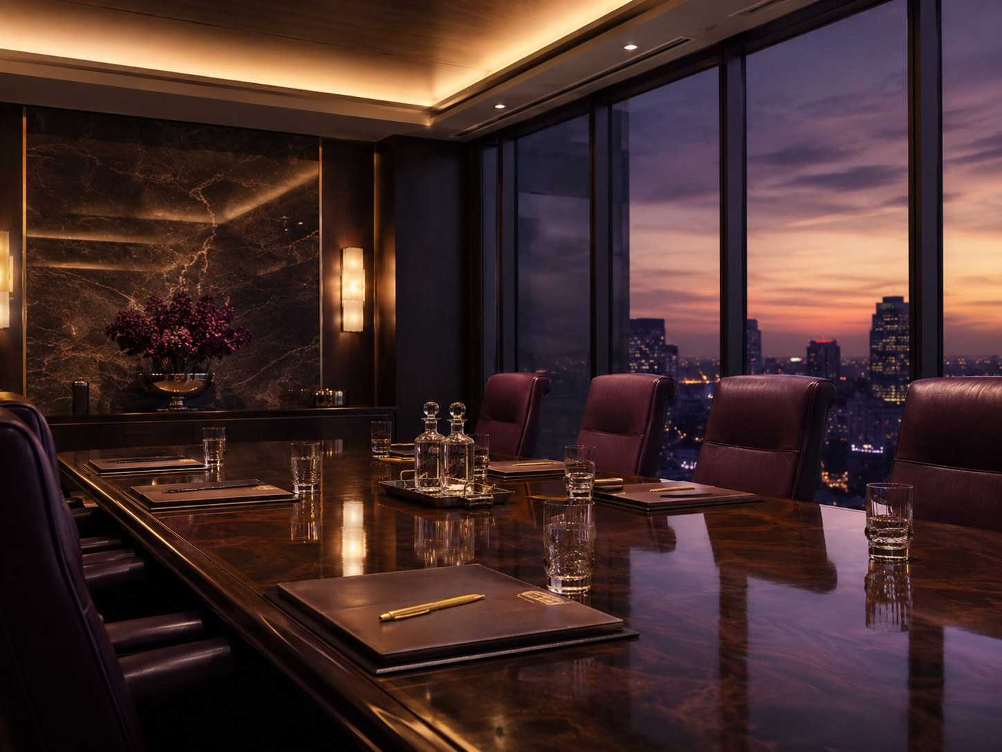A modern conference room with a large polished wooden table, high-back leather chairs, and large windows showing a city skyline at sunset. The room is decorated with a dark marble accent wall, purple flowers, and ambient lighting.