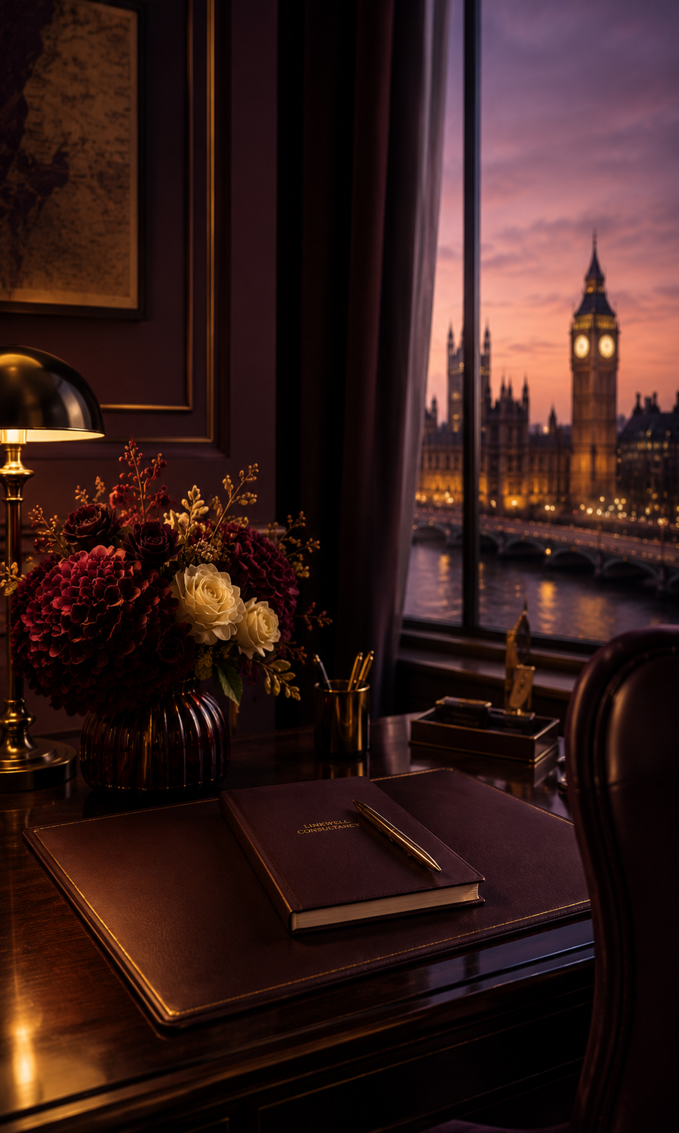 An elegant office desk features a dark leather desk pad, a maroon notebook, a gold pen, a brass lamp, a glass vase with red and white flowers, and a view of the London cityscape through a large window with curtains, overlooking Big Ben and the River Thames during sunset.