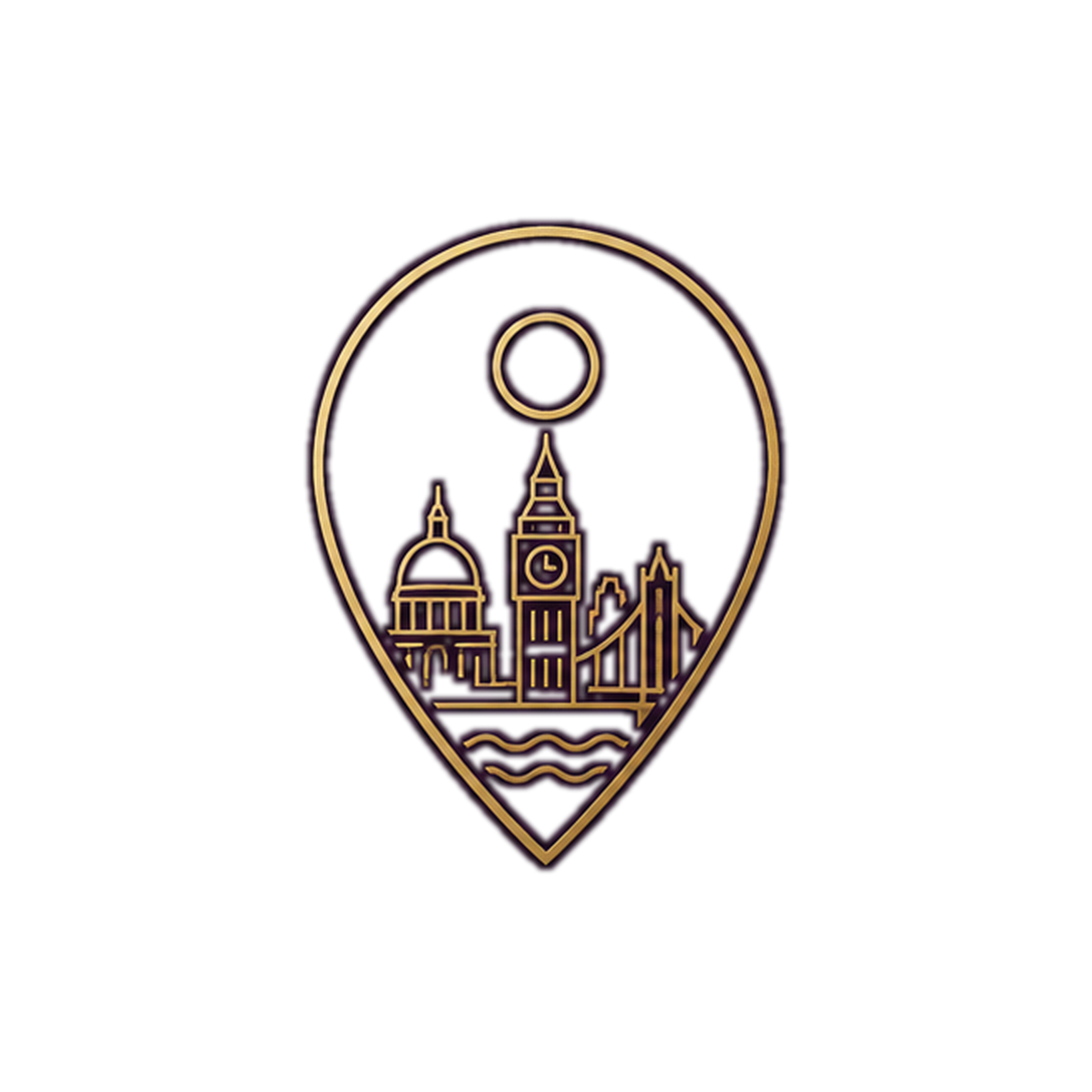 Minimalist cityscape outline inside a location pin, featuring iconic landmarks like Big Ben, a domed building, and a bridge.