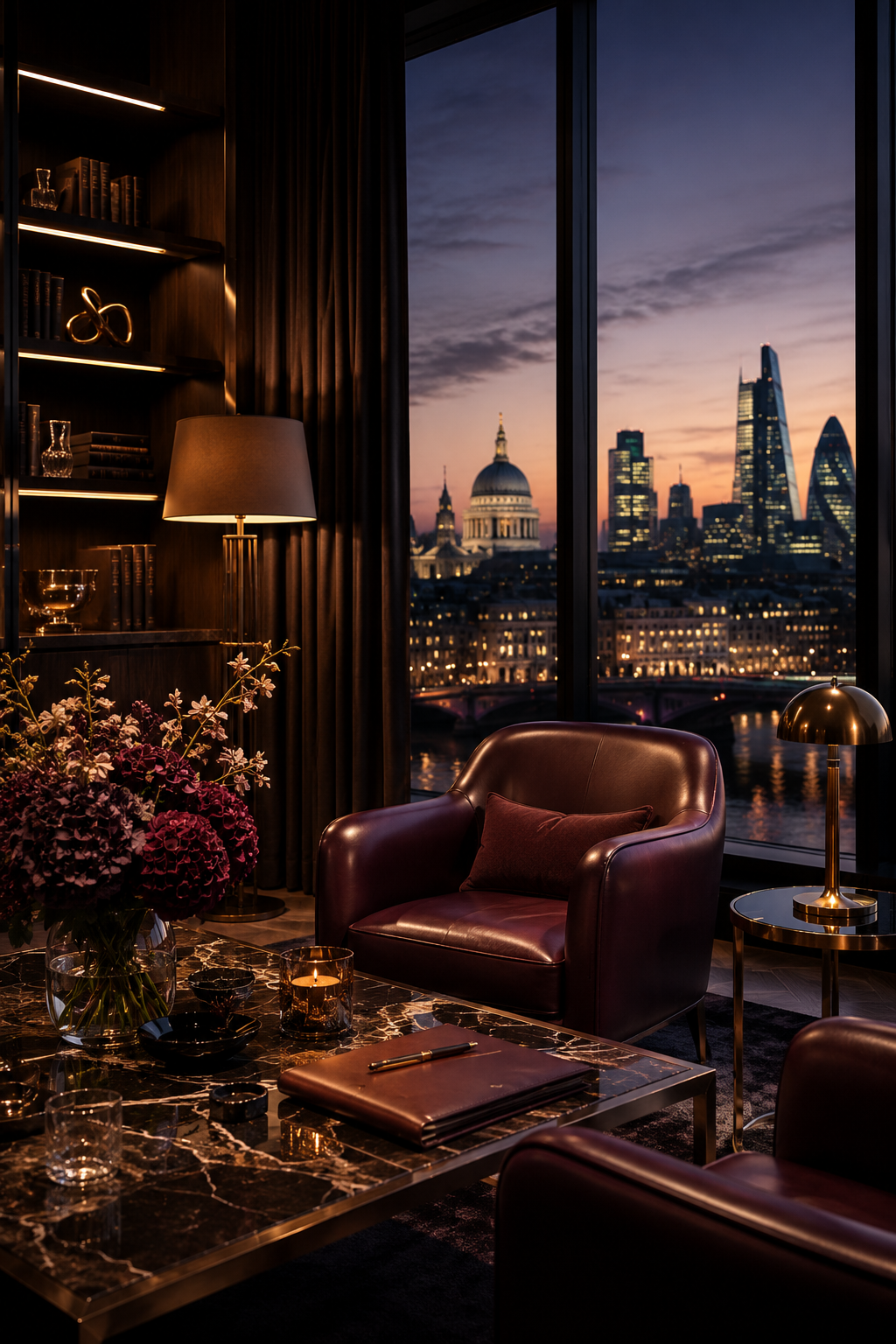 A luxurious living room at sunset with a view of London landmarks, including St. Paul's Cathedral and the Shard, through large window panes. The room features dark wood bookshelves, a leather armchair with a pillow, a marble coffee table with flowers, candles, and a notebook, and warm lighting from lamps.