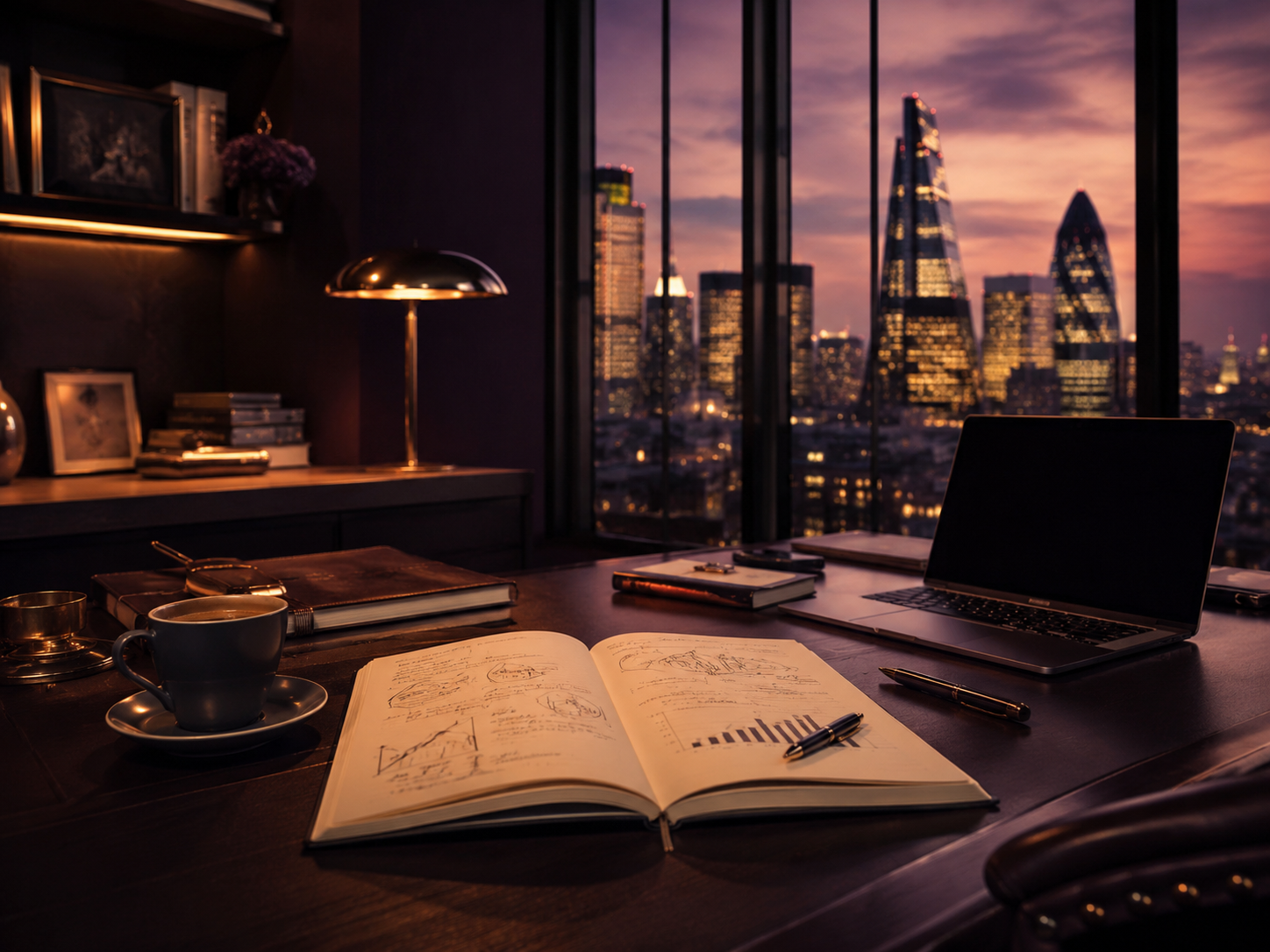 Office desk with an open notebook, pens, a laptop, a cup of coffee, and other office supplies, with a city skyline view through large windows at sunset.