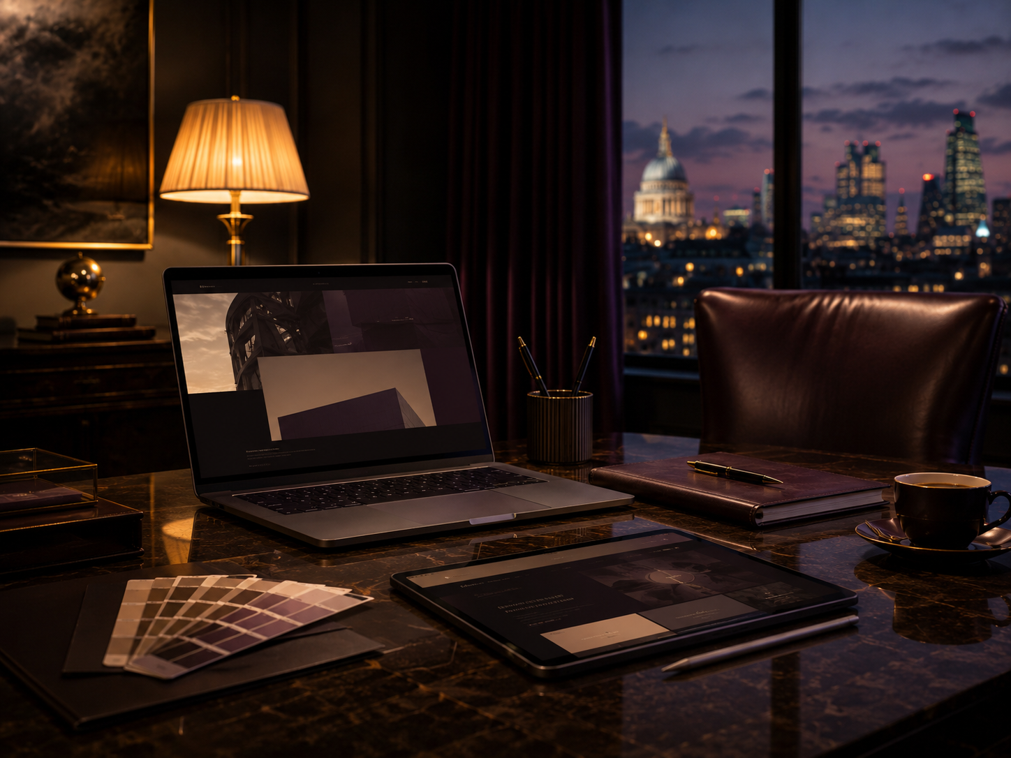 A well-organized executive office desk in a dimly lit room with a city skyline view at dusk. The desk has a laptop, color swatches, a tablet, a closed notebook with a pen, a cup of coffee, pens in a holder, and a lamp.