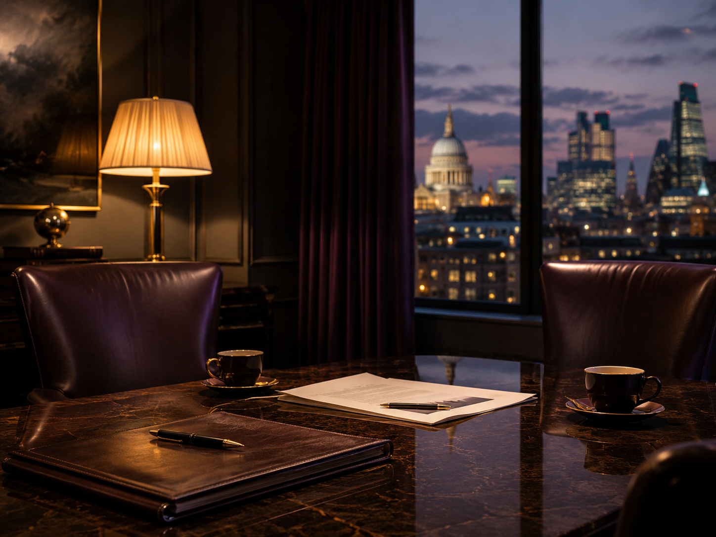 A conference room with a dark marble table, two leather chairs, a lamp, two cups, a folder, and papers. Outside the window, there is a city skyline with illuminated buildings and St. Paul's Cathedral in the distance during twilight.