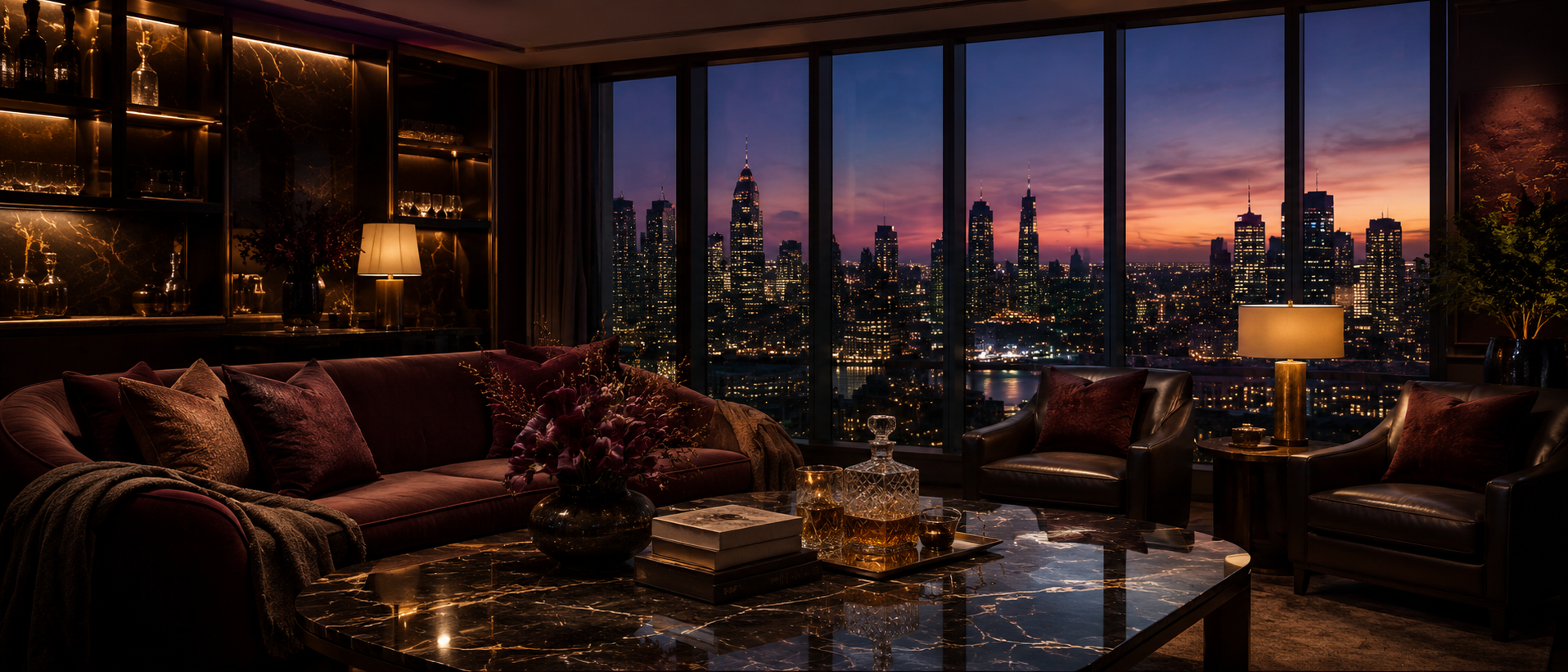 Luxurious living room with large windows showcasing a city skyline at dusk, with illuminated buildings and a sunset sky.