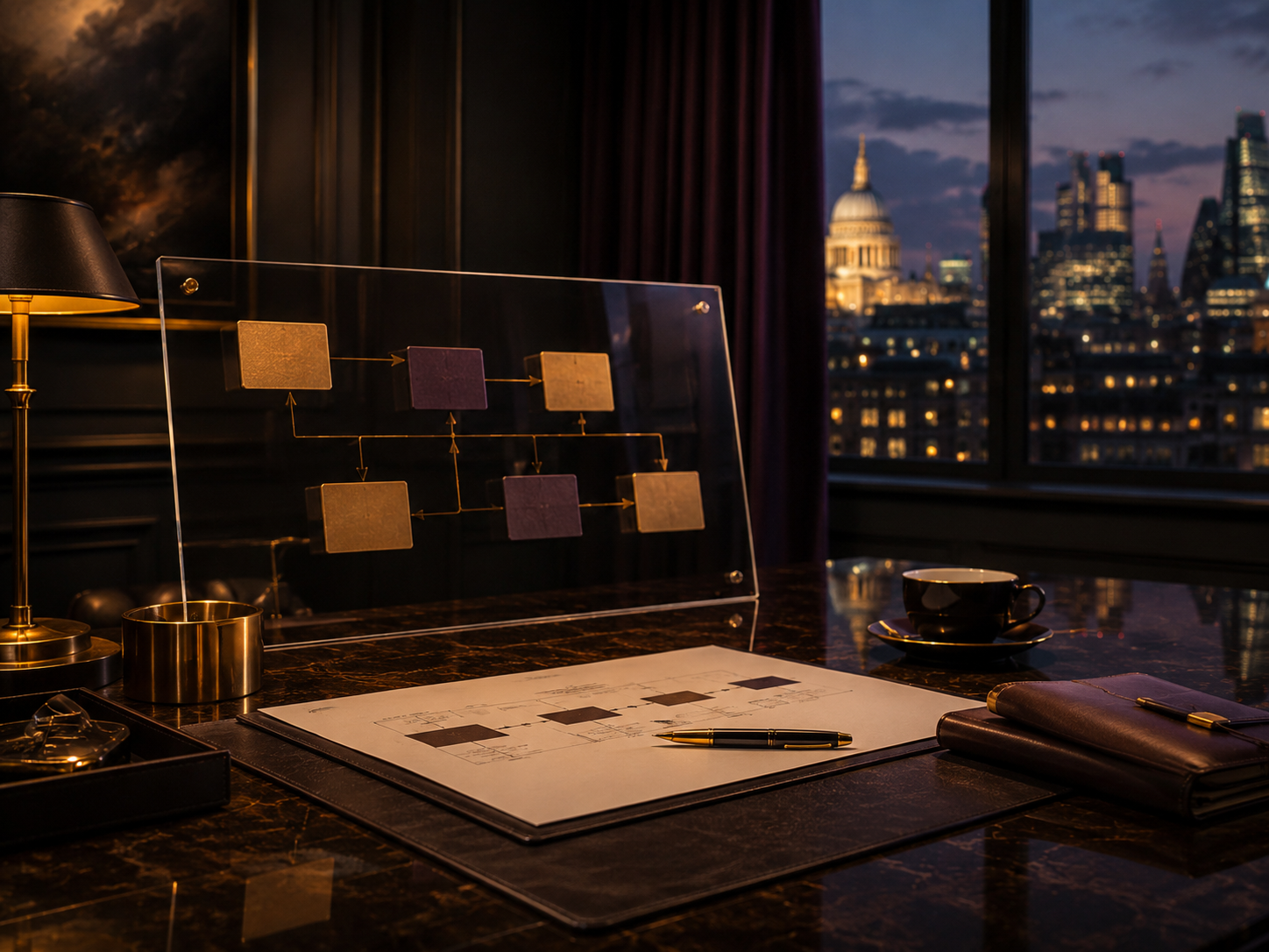 Luxury office desk with architectural plans, a pen, a leather notebook, a black cup and saucer, a lamp, and a cityscape view of London including St. Paul's Cathedral in the evening.