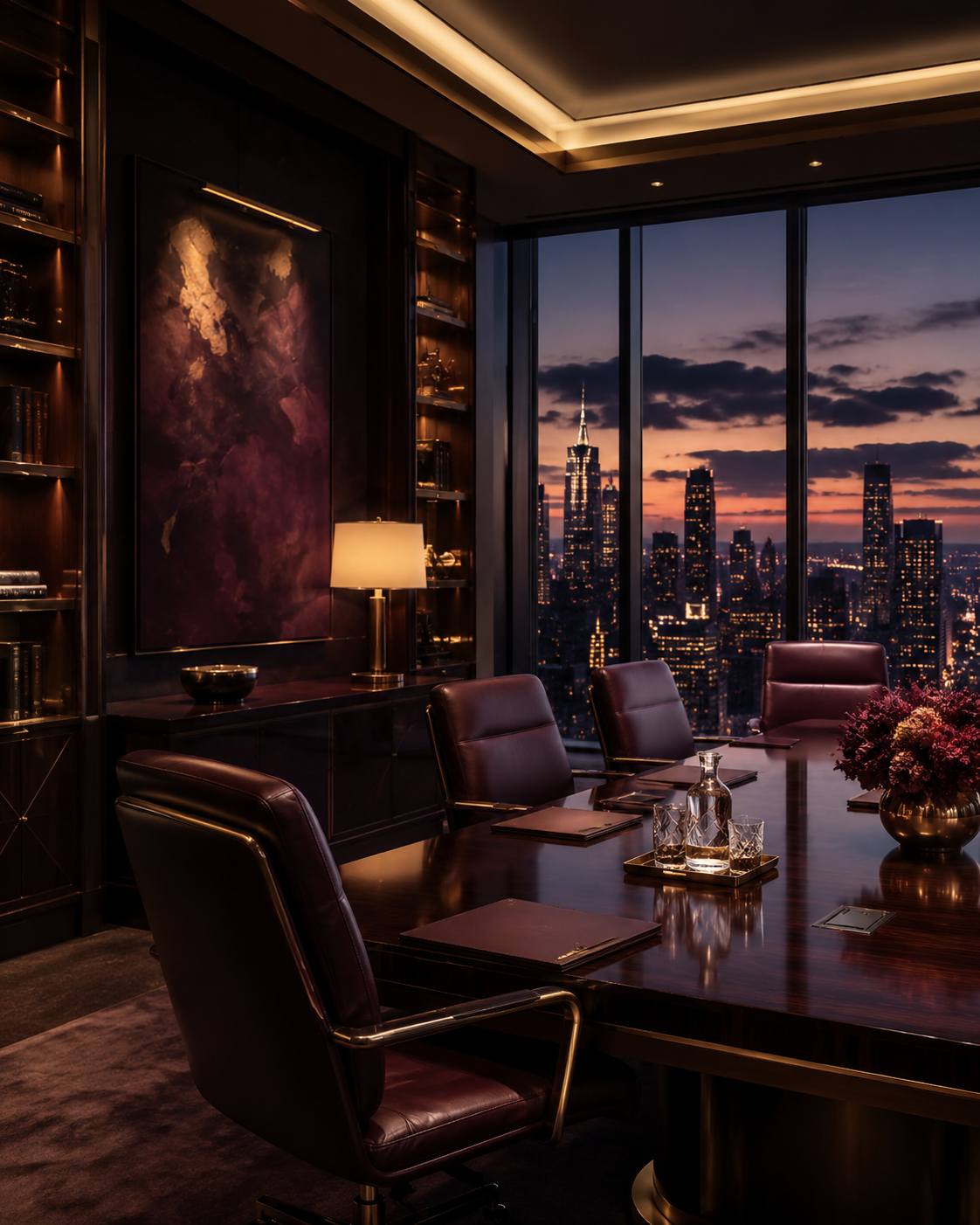 Luxury office conference room with a large wooden table, leather chairs, a city skyline view at sunset through large windows, framed artwork, bookshelves, and decorative lighting.