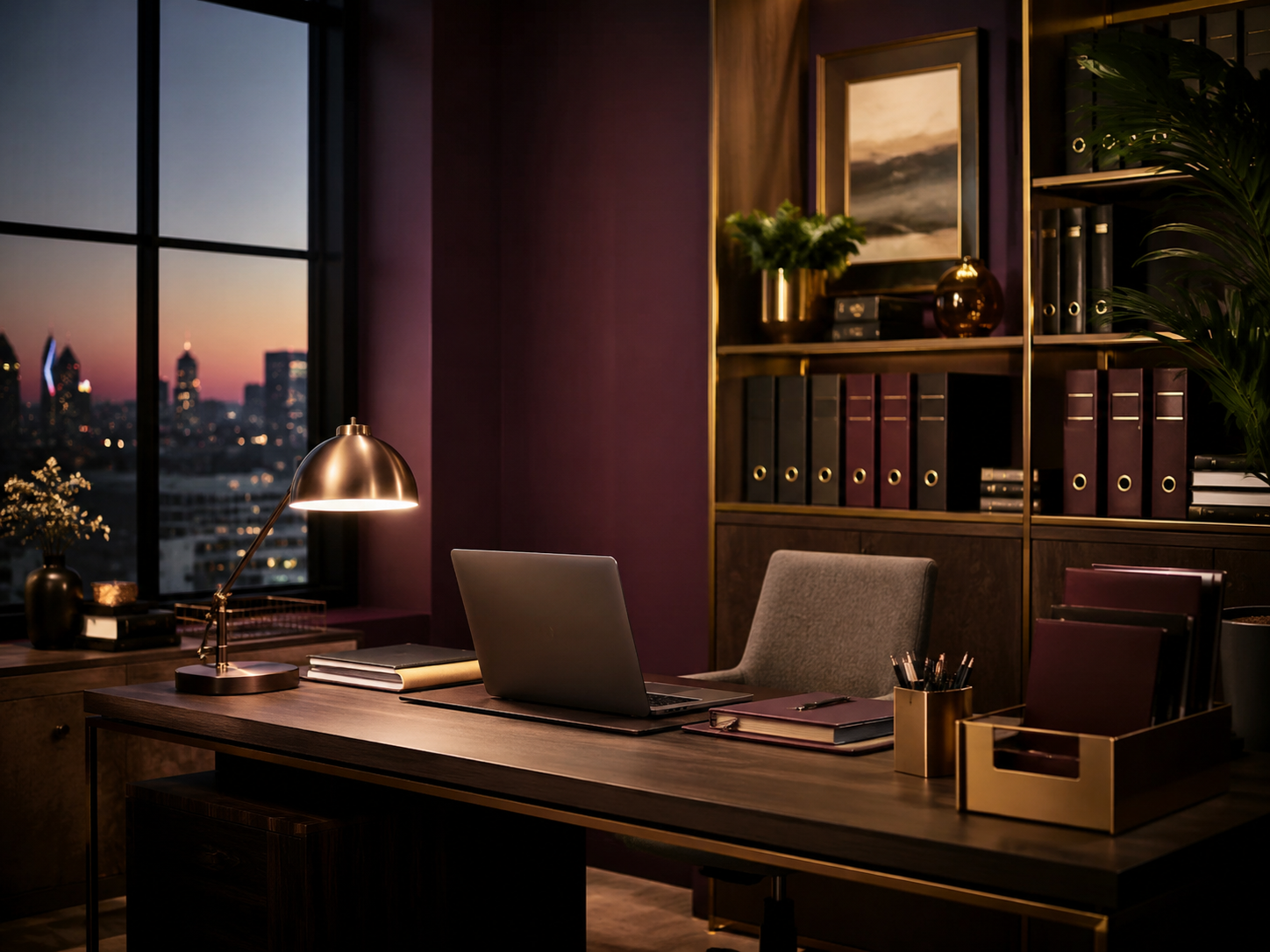 An elegant office with a view of city skyscrapers at sunset, a wooden desk with a laptop, desk lamp, notebooks, pen holder, and a chair. Shelves with binders, books, and decor are in the background.