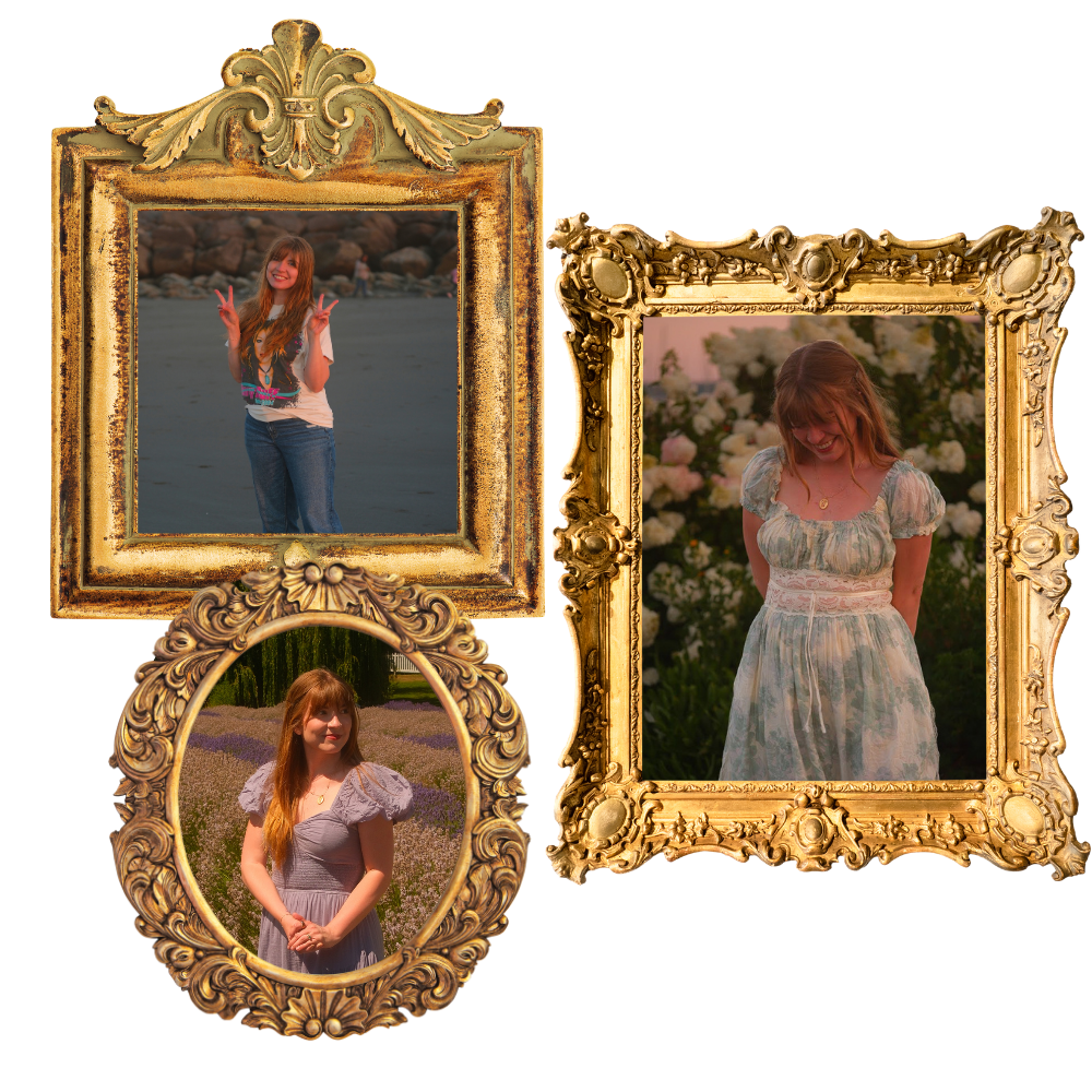 Collage of three ornate gold antique frames featuring portraits of a red-haired woman outdoors.