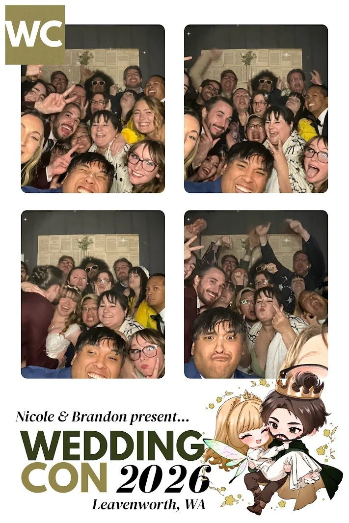 Four-photo collage of a large group posing at a party, with text announcing Nicole and Brandon’s Wedding Con 2026 in Leavenworth, Washington, and a cartoon wedding couple.