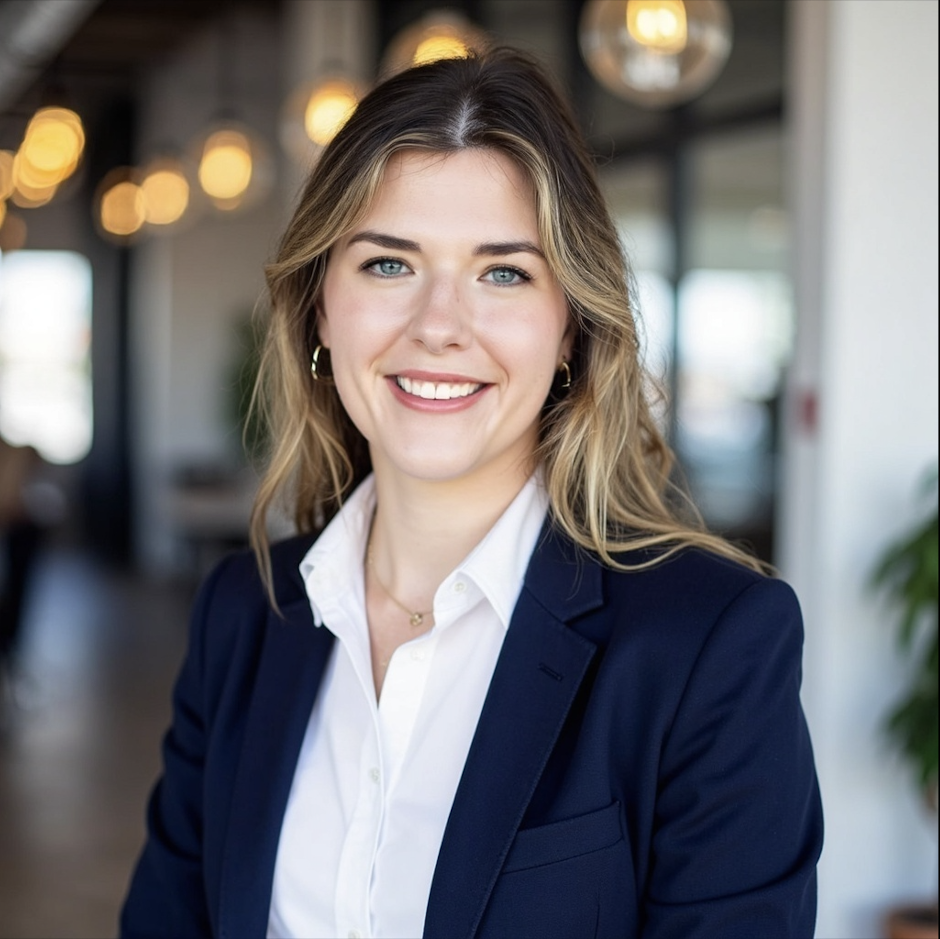 Close-up of a smiling woman with blonde hair, wearing a navy blazer and a white shirt, in an indoor setting with blurred warm lights in the background.