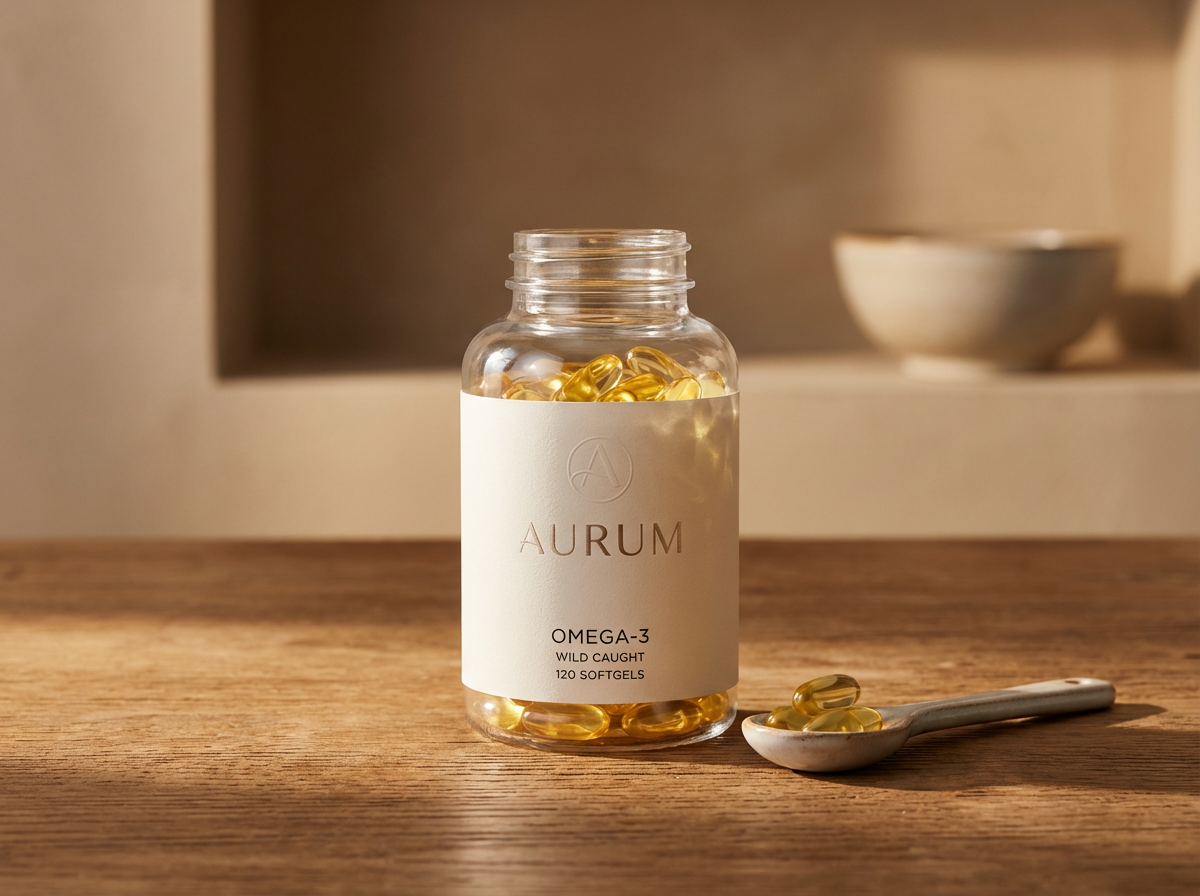 A clear bottle labeled 'AURUM' containing yellow softgel capsules on a wooden surface, with some capsules on a white ceramic spoon next to the bottle, and a blurred background of a bowl and a shelf.