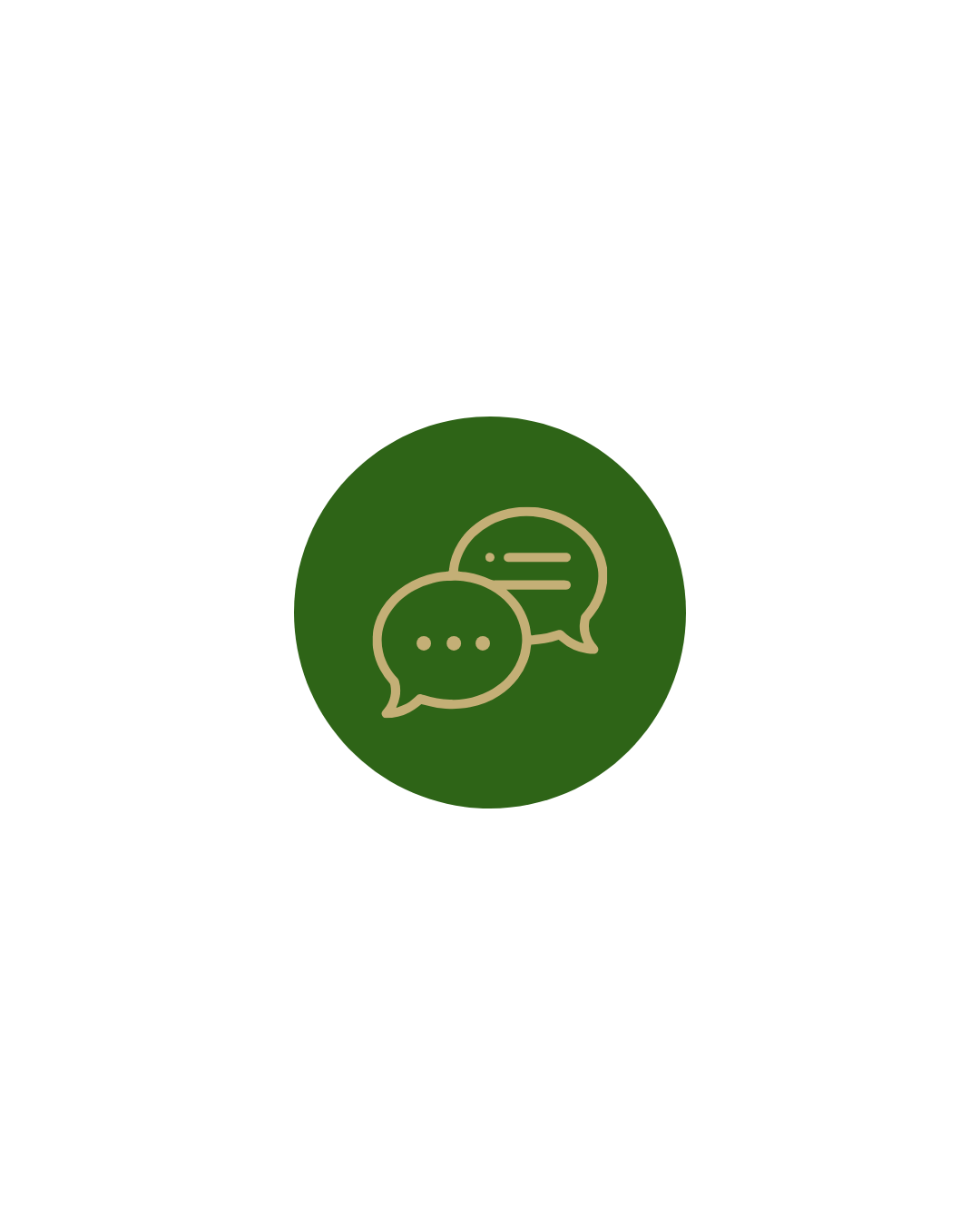 Illustration of two speech bubbles, one green, one beige, inside a green circle. The speech bubbles contain three dots, representing conversation or communication.