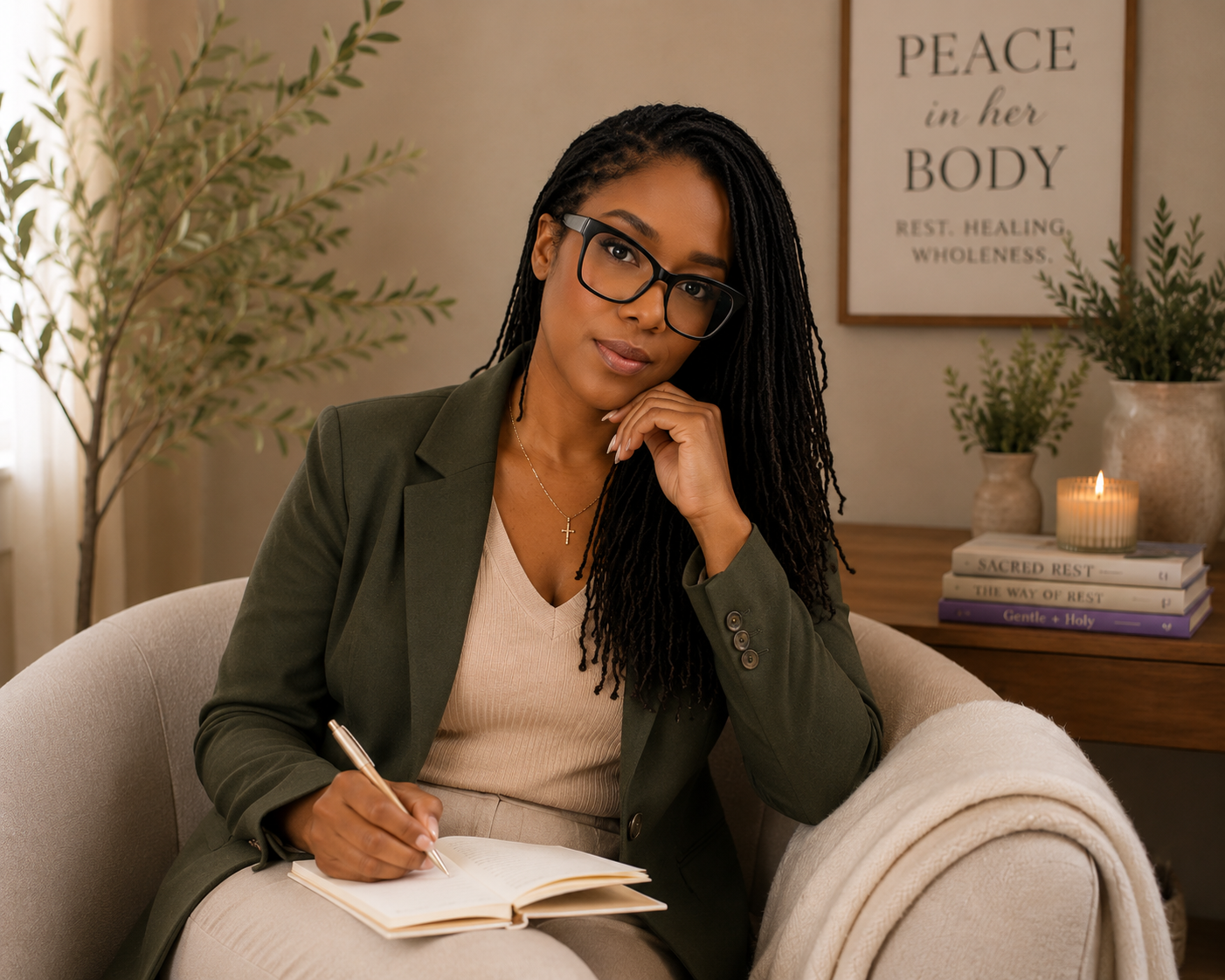 A woman with glasses and dreadlocks sitting on a beige couch, writing in a notebook, with a warm-colored room decorated with plants and books in the background.