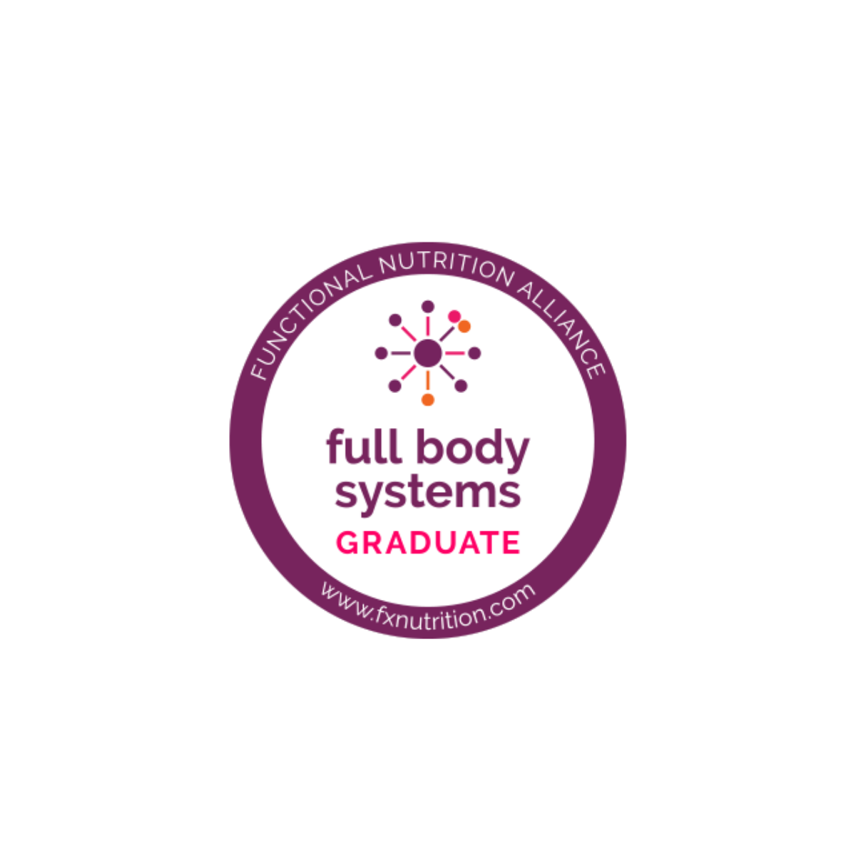 A circular logo of Full Body Systems Graduate with a purple border and the text "Functional Nutrition Alliance" around the top edge and the website "www.fxnutrition.com" at the bottom. Inside, there is a stylized molecule design and the words "full body systems" in purple and "GRADUATE" in pink.