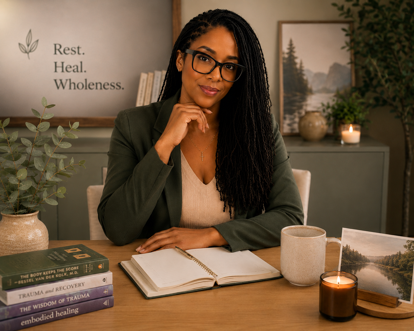 A woman with glasses sitting at a desk with open notebook, books, a cup, a candle, and a photograph of a river surrounded by trees, with a framed landscape painting and candles in the background, in a cozy room.