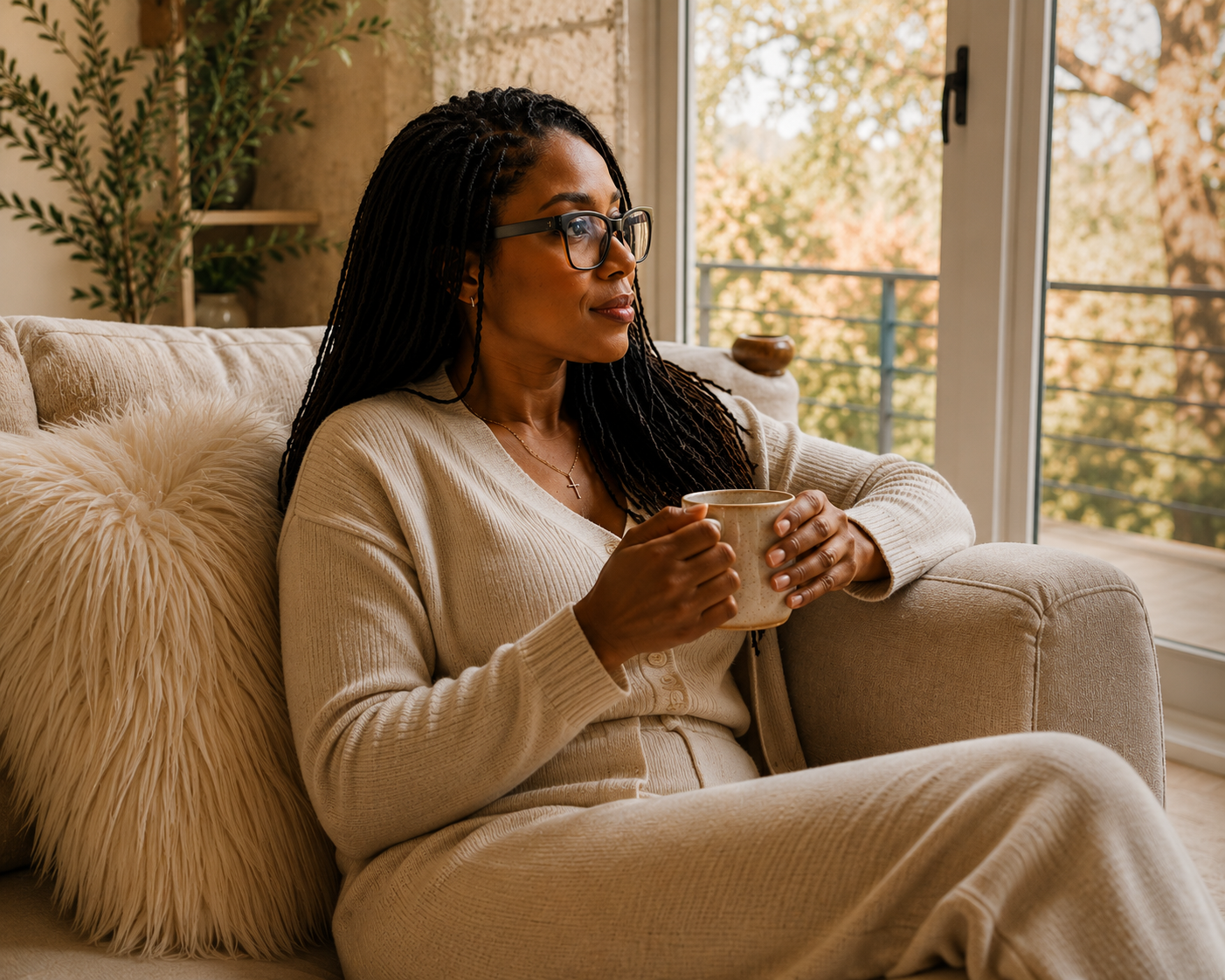 A woman with glasses and long braided hair sitting on a beige sofa, holding a beige mug, inside a room with natural light coming through a large window, and looking out.