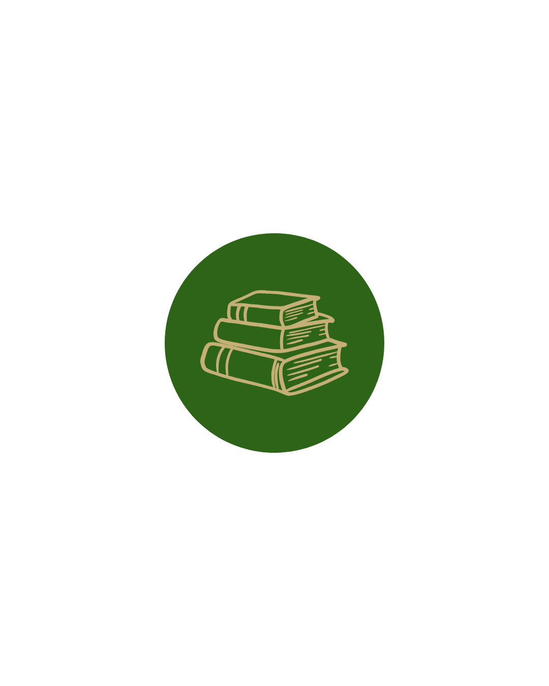 Logo with a green circle featuring a stack of four beige books.