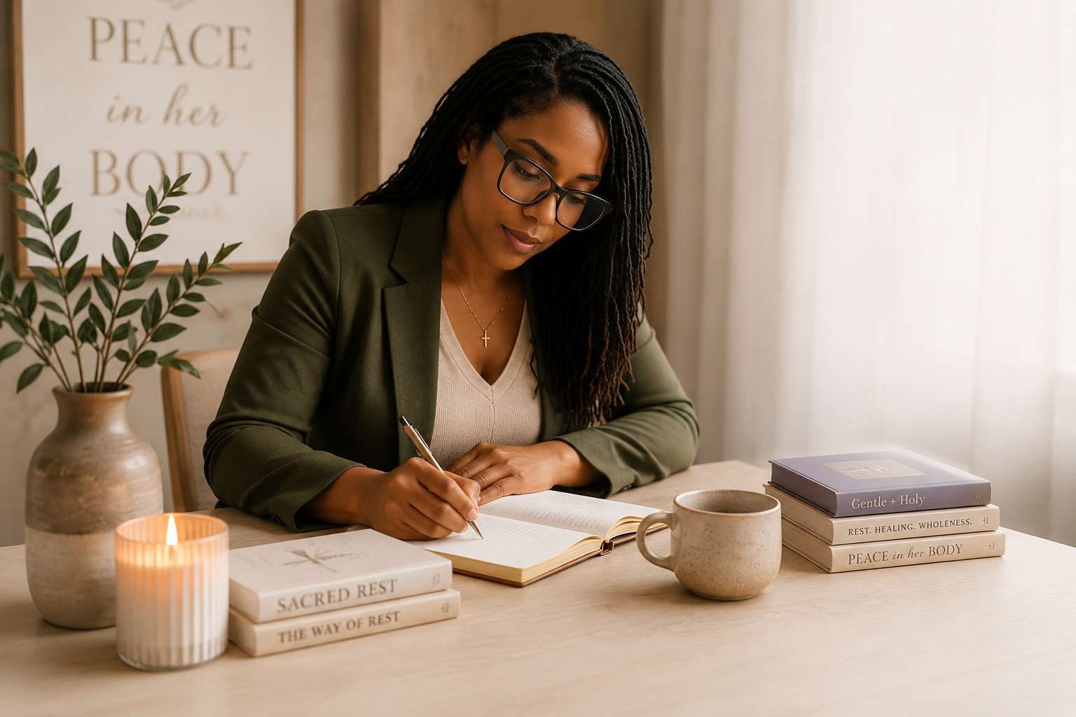 A woman with glasses and dreadlocks sitting at a table, writing in a notebook. There are candles, a mug, and stacks of books on the table, and a framed quote on the wall behind her that says, 'PEACE in her BODY'.
