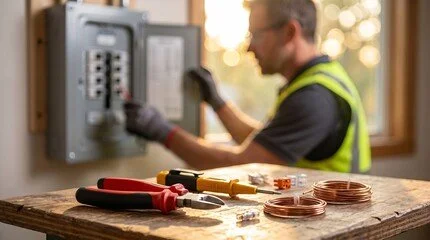 Electrician working on an electrical panel with tools and copper wires on a workbench.