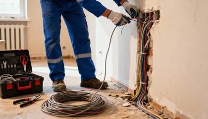 Electrician working on wall electrical wiring with tools and a toolbox nearby.