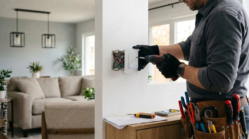 A man wearing gloves and a tool belt is installing or repairing an electrical wall switch or outlet in a home, with tools and papers on a nearby table.