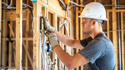 Construction worker wearing a white hard hat and safety glasses working on electrical wiring inside a wooden building frame.